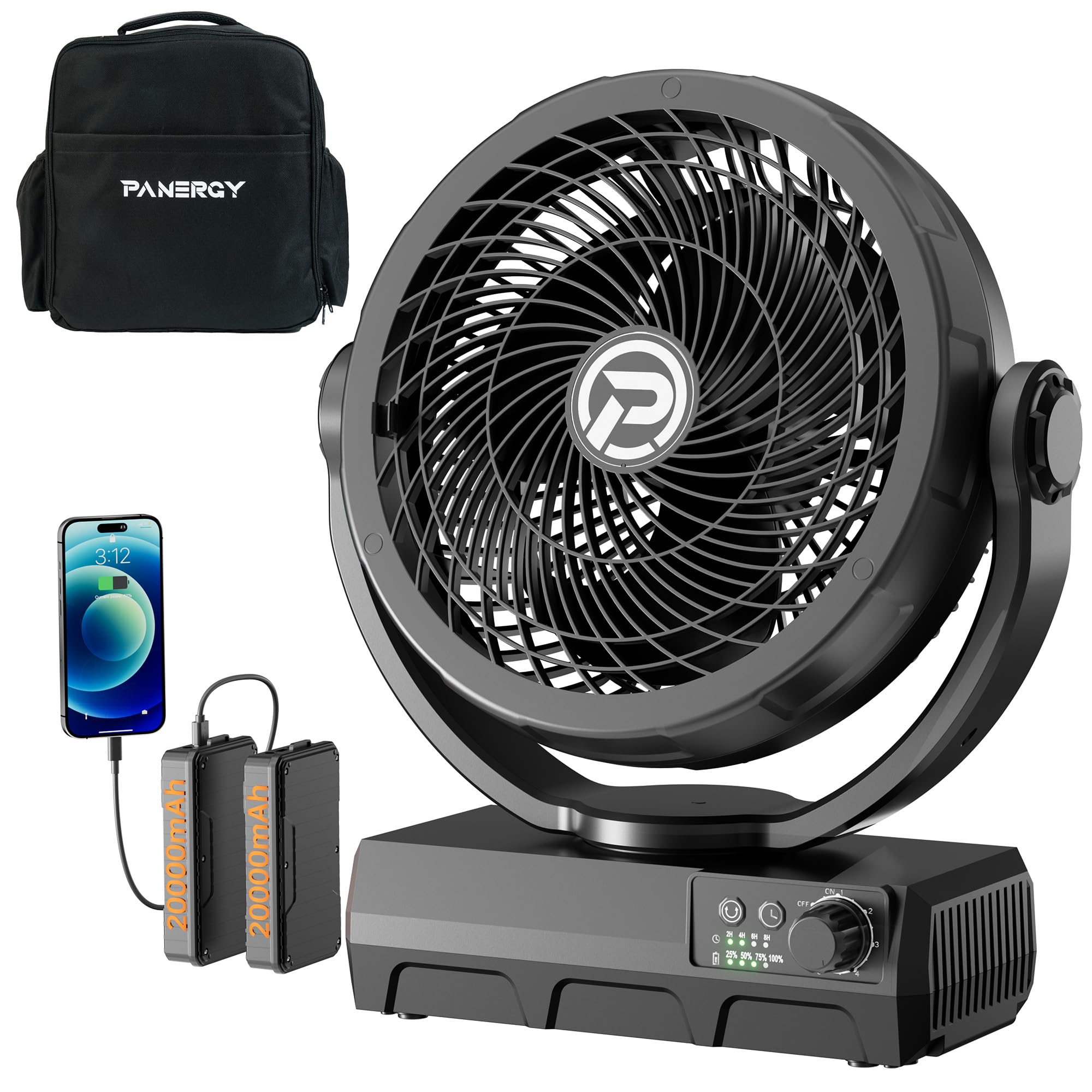 PANERGY 40000mAh Camping Fan 2X Detachable Battery Operated Fan 6-Speed Stepless Control 90 Oscillation 300 Tilt 8H Timer