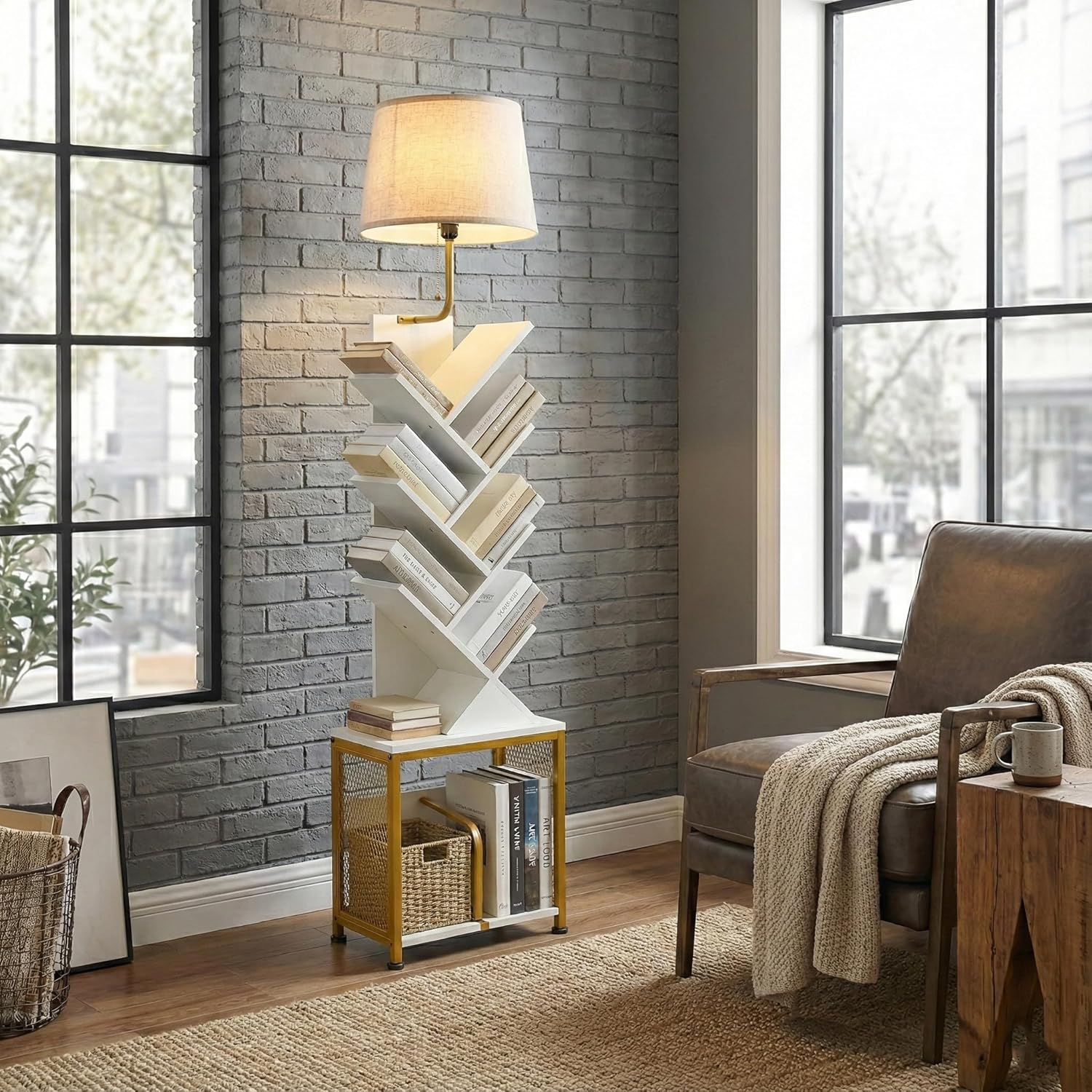 3in1 Tree Bookshelf Floor Lamp W/ Storage Cabinet, 62" Tall Reading Light with Unique Oval Fabric Shade & 8-Tier Book Organizer, Modern Standing Lamp for Living Room, Bedroom, Office (Champagne Gold)