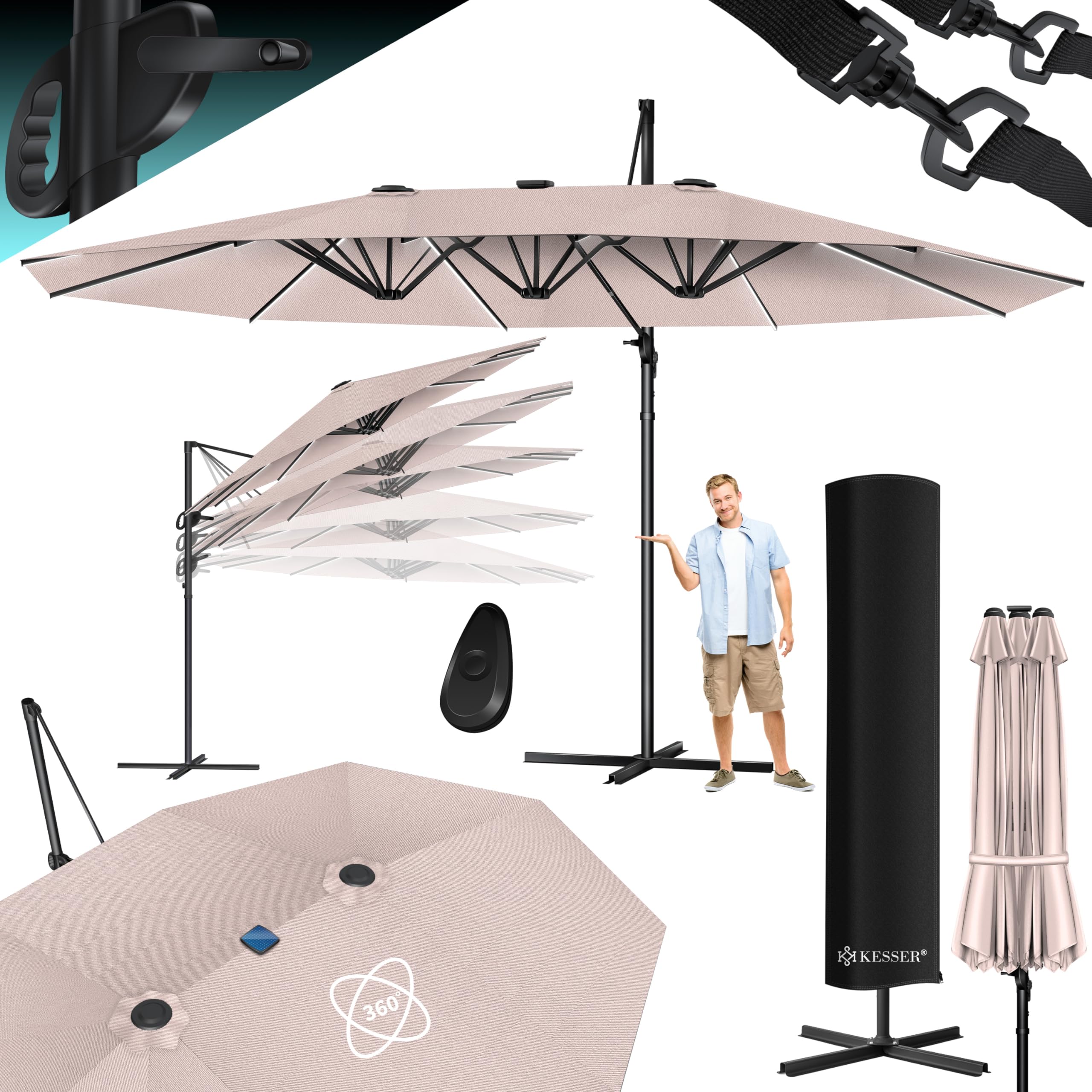 KESSER® Sombrilla Doble + Funda | Sombrilla de jardín | Sombrilla de Mercado | Sombrilla de Patio con manivela | Oval | Aluminio | Resistente a los Rayos UV | Repelente al Agua