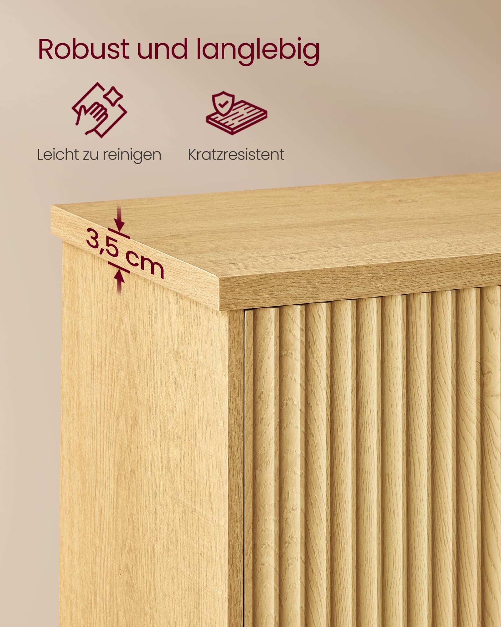 VASAGLE MAXE Kollektion - Sideboard, Küchenschrank, Aufbewahrungsschrank mit Verstellbarer Ablage, geriffelte Türen, Übergangsstil, Küche, Esszimmer, eichenbeige BBK344Y01