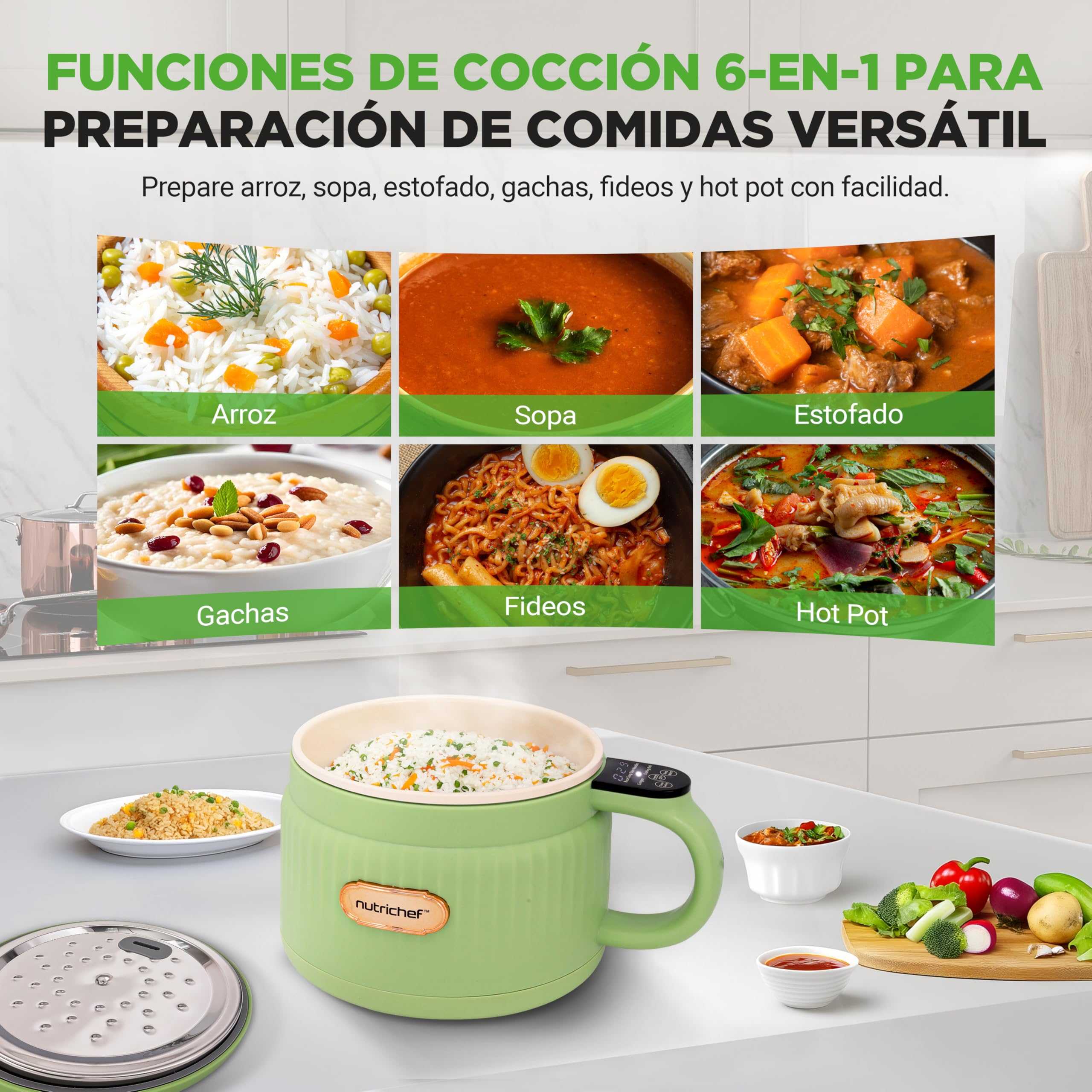 Nutrichef arrocera electrica mini, Rice cooker, Portatil, Preparador de comidas, Recubrimiento ceramico antiadherente, Panel de control digital, 6 funciones de coccion, 1.5L