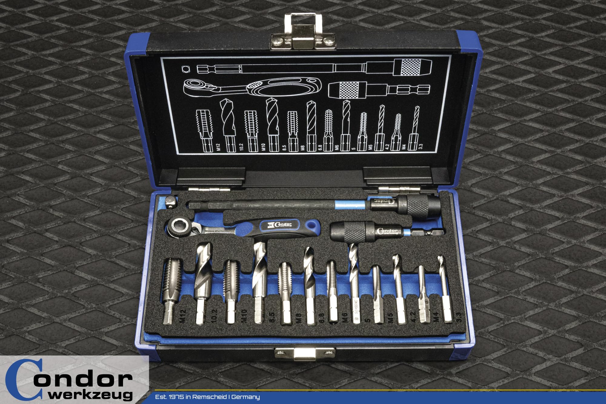 CONDOR Werkzeug 39602 | Kernloch Spiral- und Gewindebohrer-Bit-Satz mit Knarre & Adapter | 16-TLG. | 1/4" 6-Kant-Antrieb | M4-M12 | Xcess Performance | HSS Bohrer Set Profi Werkzeug