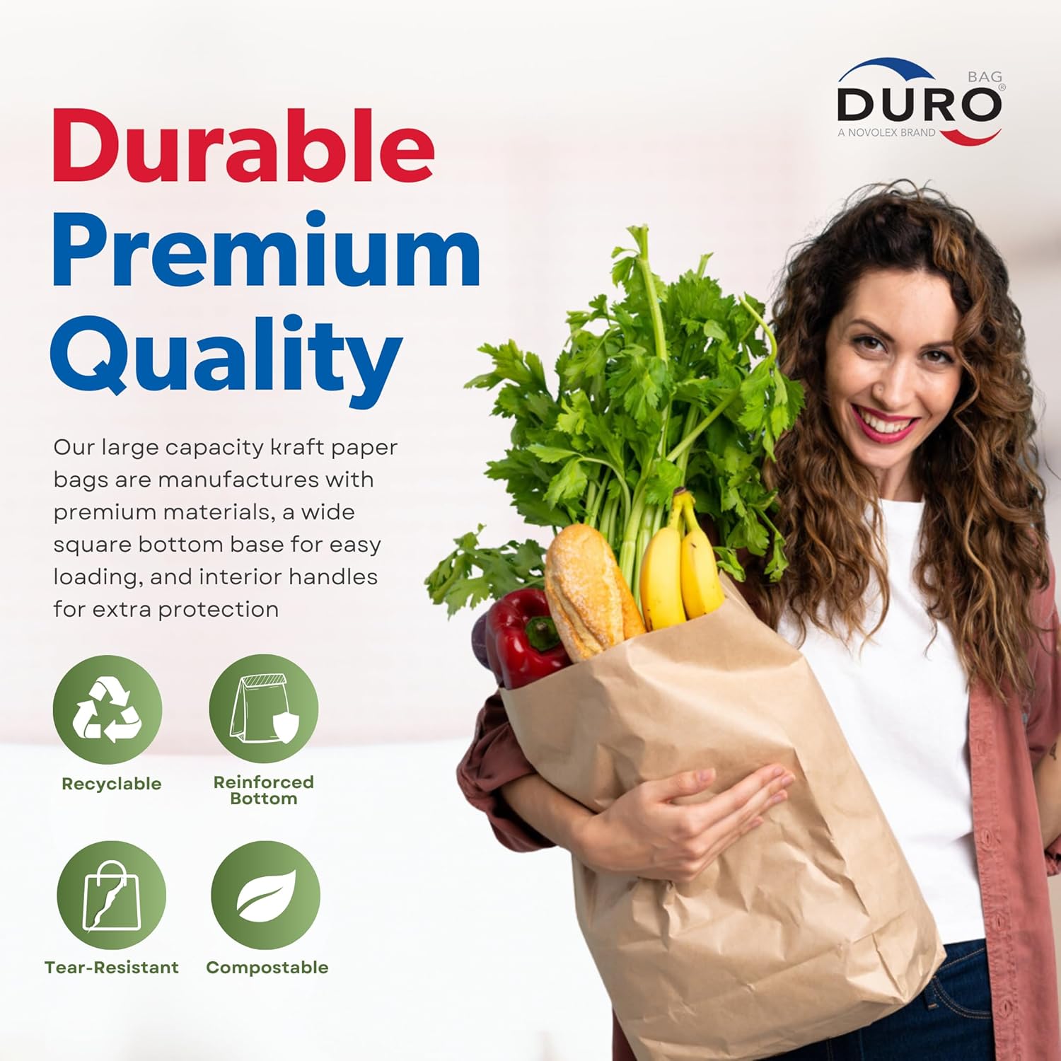 DURO 70# Extra Large Brown Paper Bags Bulk, 12x7x17 Inches, 300-Count, 1/6 Heavy-Duty Brown Paper Grocery Bags Without Handle, Ideal for Food Take-Out, Grocery Shopping, Trash & Recycling Sacks