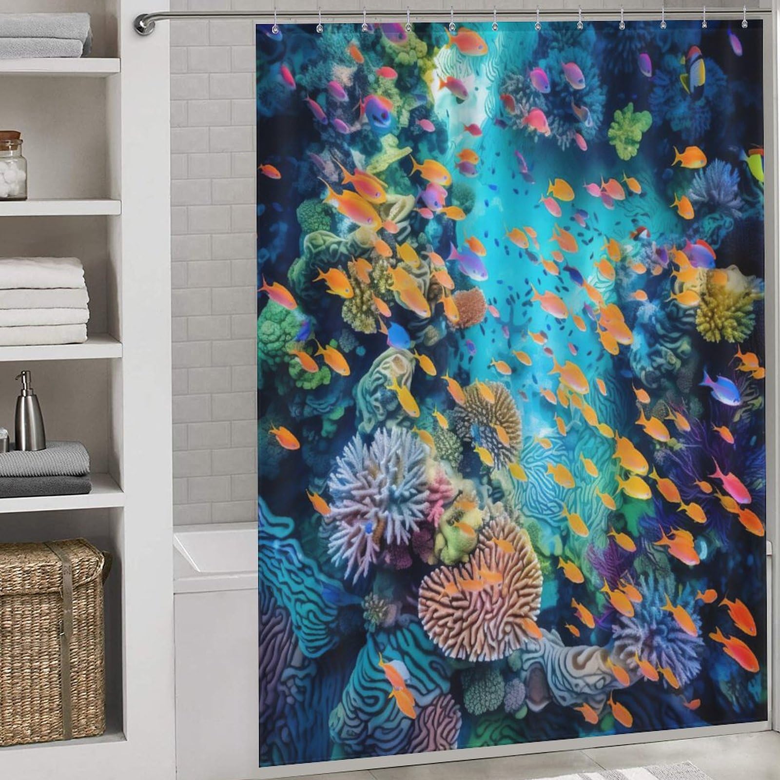 Rideau de douche poisson pour baignoire en polyester imperméable lavable 168x183 cm avec anneaux
