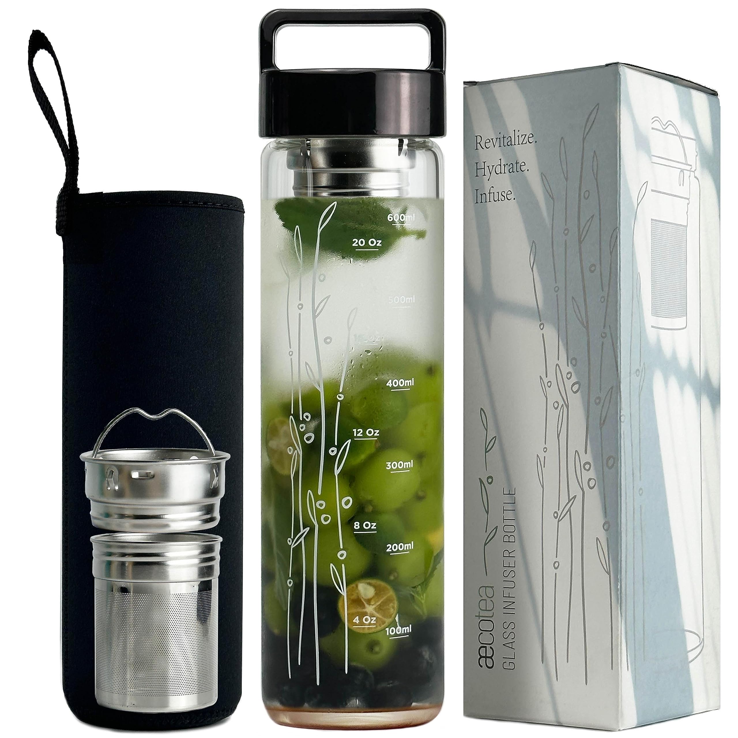 aecotea 23 oz Borosilicate Glass Water Bottle with Handle Lid - Motivational Sports Drinking Bottle with Neoprene Sleeve (Black)