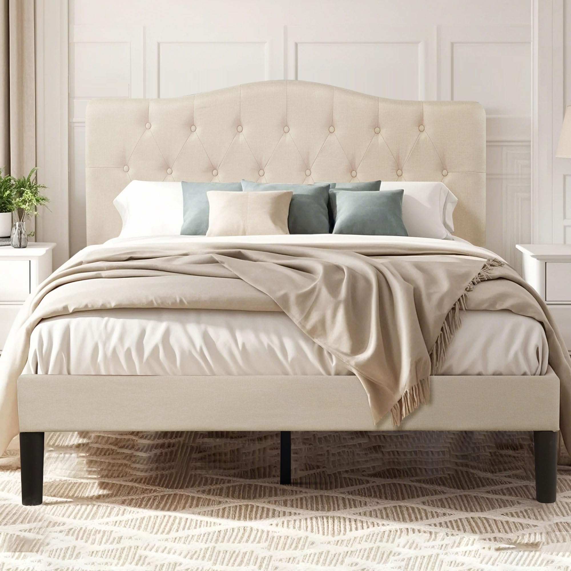VECELO Full Size Platform Bed Frame Fabric Upholstered Headboard Beige