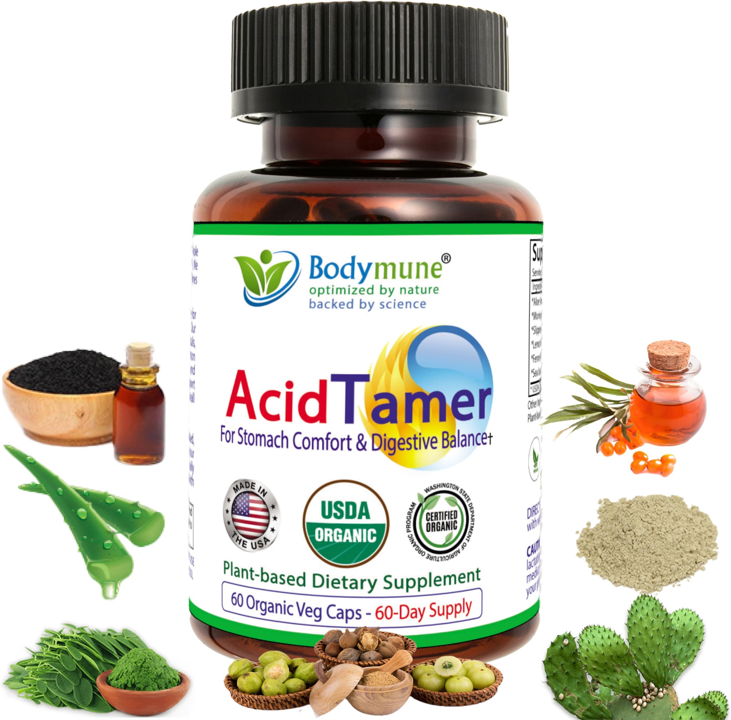 AcidTamer Acid Relief | Promotes Stomach Comfort & Digestive Wellness* | Organic Herbal Blend for Gut Health* | Made in USA, USDA Organic, Vegan, Non-GMO, Gluten-Free | 60 Capsules