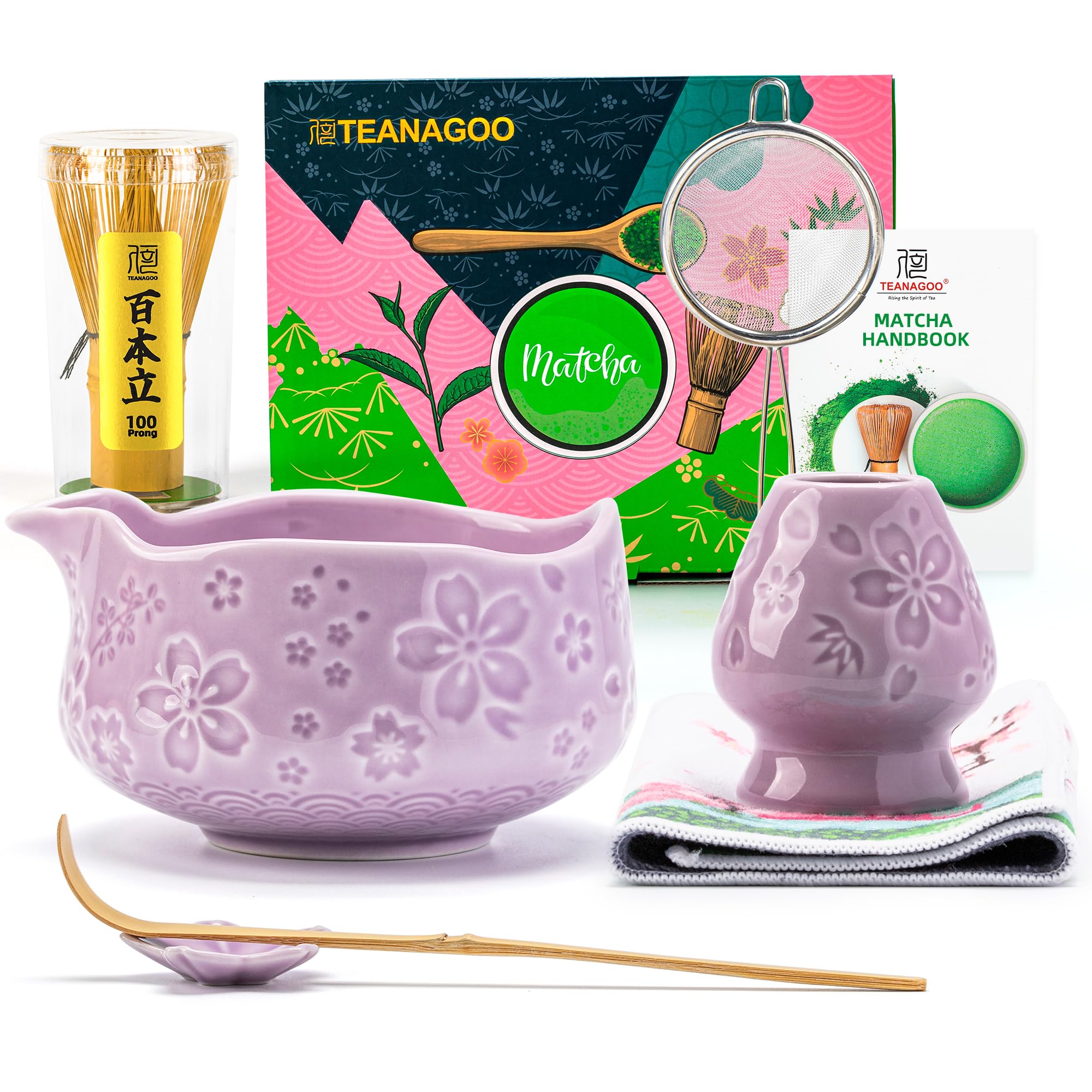 TEANAGOO 7-PCS Purple Matcha Whisk Set with Cherry Blossom Design, Complete Matcha Kit, Ceramic Chawan Bowl with Spout, Whisk & Accessories, Traditional Matcha Tea Set for Lattes& Gift Giving