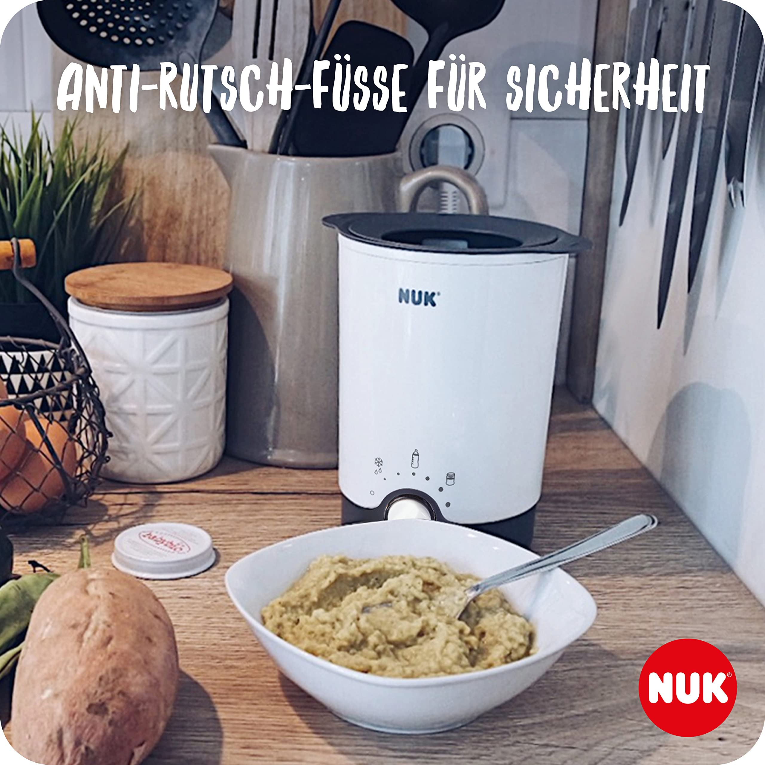 NUK Thermo 3in1 Babyflaschenwärmer | schonendes Auftauen, Erwärmen und Warmhalten von flüssiger und breiförmiger Nahrung | Korb zum einfachen Herausnehmen | EU-Stecker
