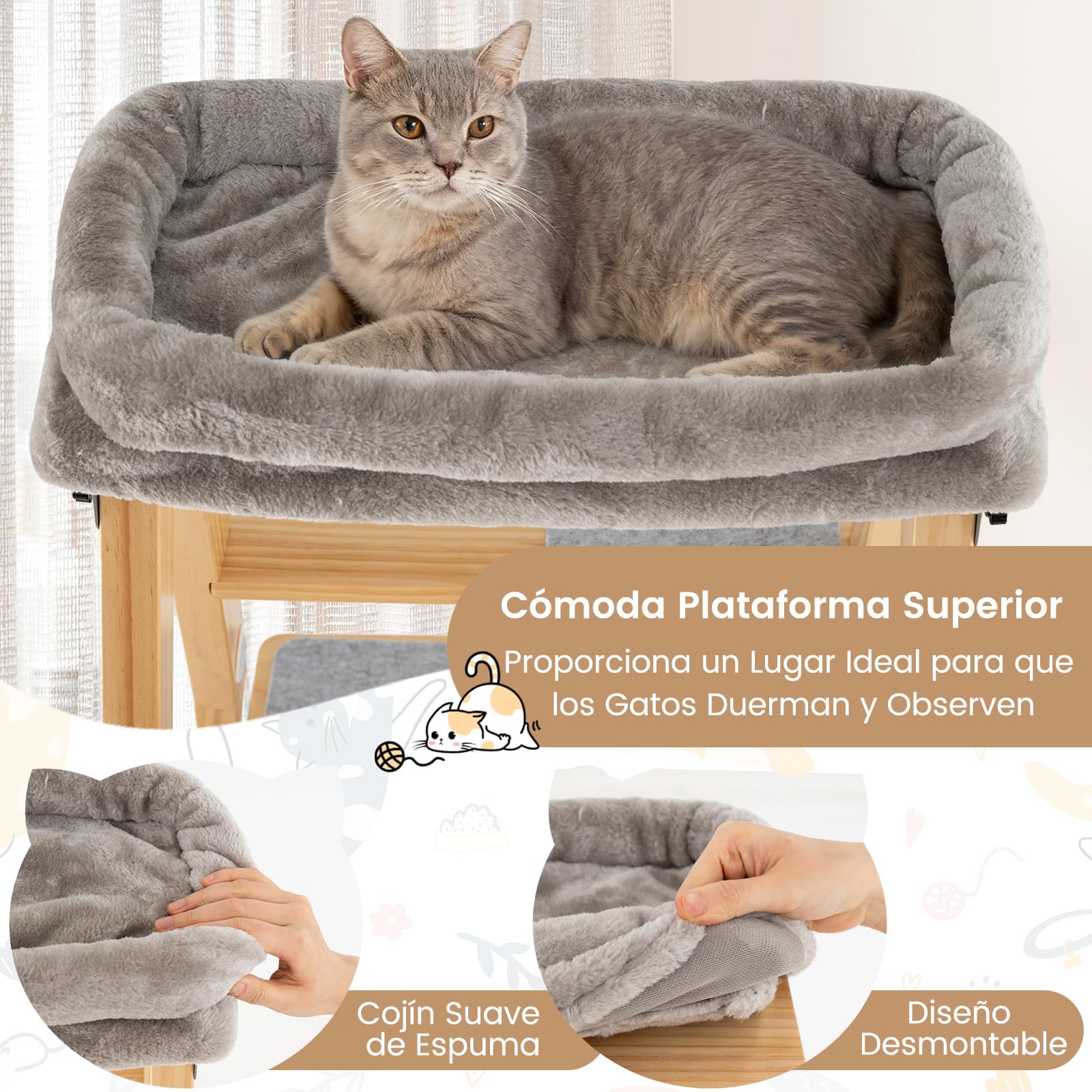 COSTWAY Árbol para Gatos de Madera Maciza, 151 cm, Rascador Gato Plegable con Escalera, Torre Alta para Gatitos de 5 Niveles con Cama, Perchero Tapizado y Poste Rascador de Sisal, Natural y Gris
