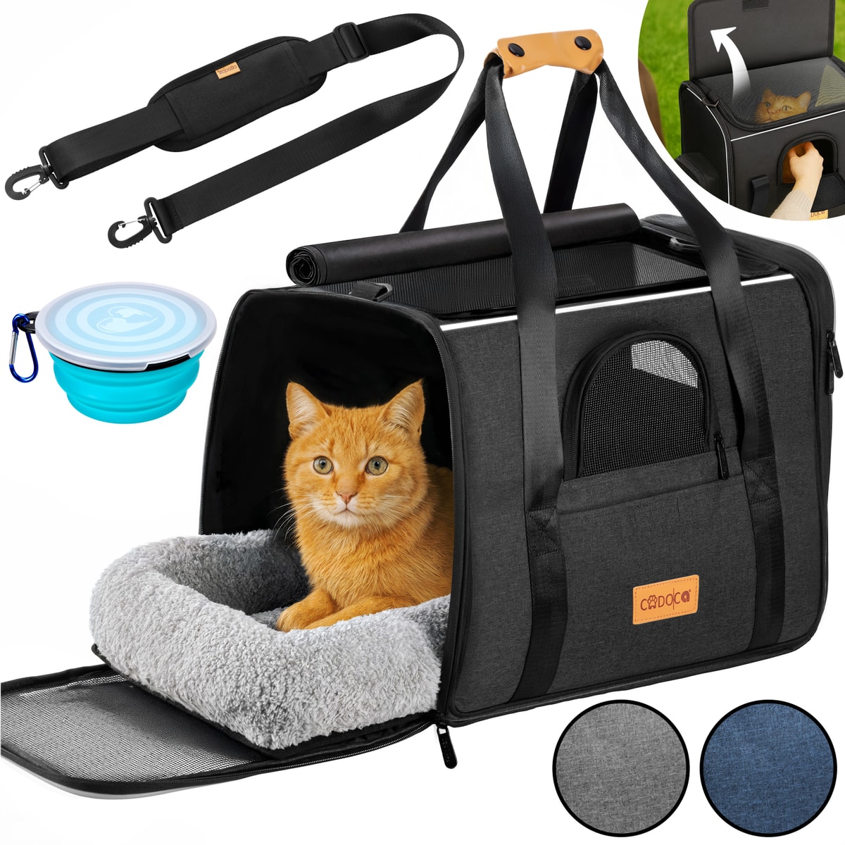 CADOCA Trasportino Per Gatto E Cane Piccola Taglia – Borsa Da Viaggio Con Tracolla, Ciotola Pieghevole, Ventilazione E Copertura Antipioggia