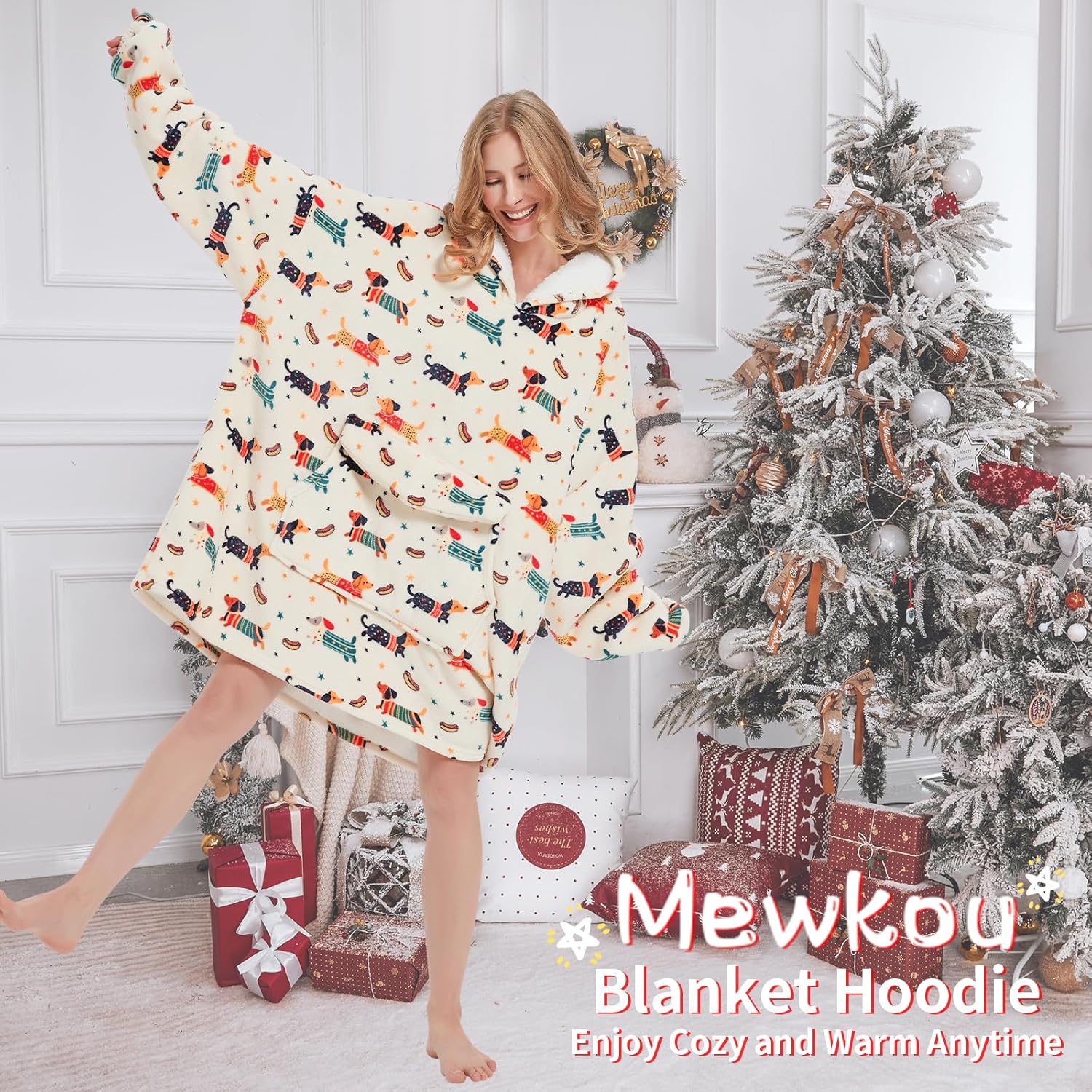 Wearable Blanket Hoodie for Adult,Oversized Sherpa Fleece Blanket Hoodie for Women Men,Dachshund - Image 4