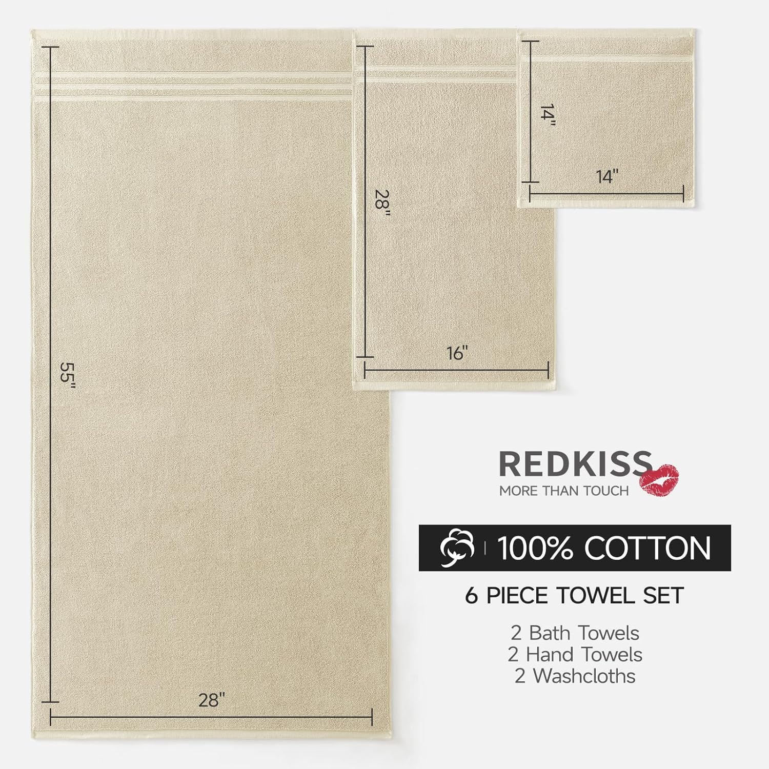 REDKISS Beige Towels Set 6 Piece Cotton Towel Sets with 2 Bath Towels, 2 Hand, 2 Washcloths, 650GSM Hotel Quality, Soft, Highly Absorbent Towels for Bathroom Gym, Ideal Everyday Use - Image 3