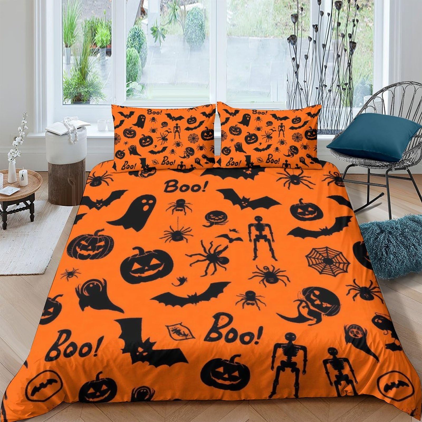 Ctjqhvkz Style-8 3D Printed Halloween Pumpkin Fitted Sheet Microfiber Orange Ghost Bat Bed Cover For Bedroom Guest Room Dorm Mattress Decor Single（135X200cm）