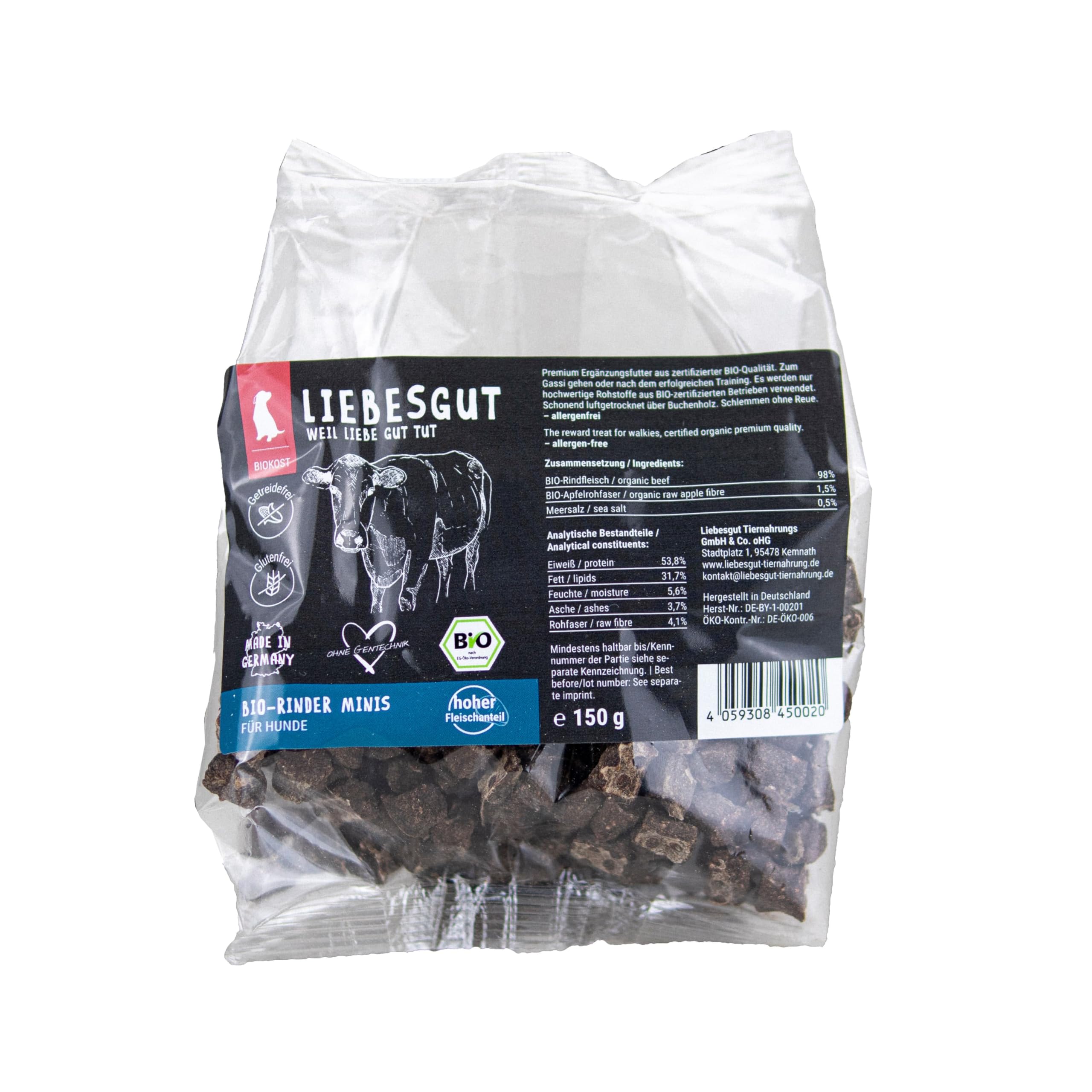 Bio-Rind Minis für Hunde – Bio Hundesnacks, Trainingsleckerlis, getreidefrei, 6x150g, Mindesthaltbarkeitsdatum: 16.07.2026