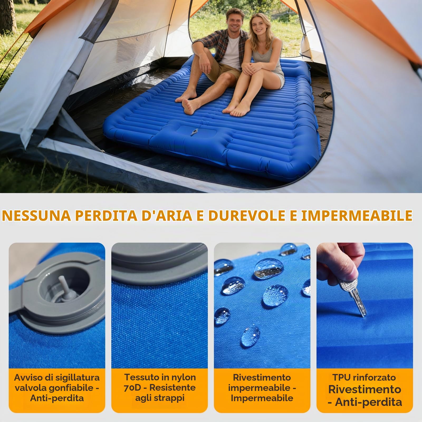 Materassino da campeggio matrimoniale, 14 cm, extra spesso e largo, con pompa a pedale e cuscino integrati, durevole, compatto, impermeabile, gonfiabile, per campeggio, escursioni, trappola per tende