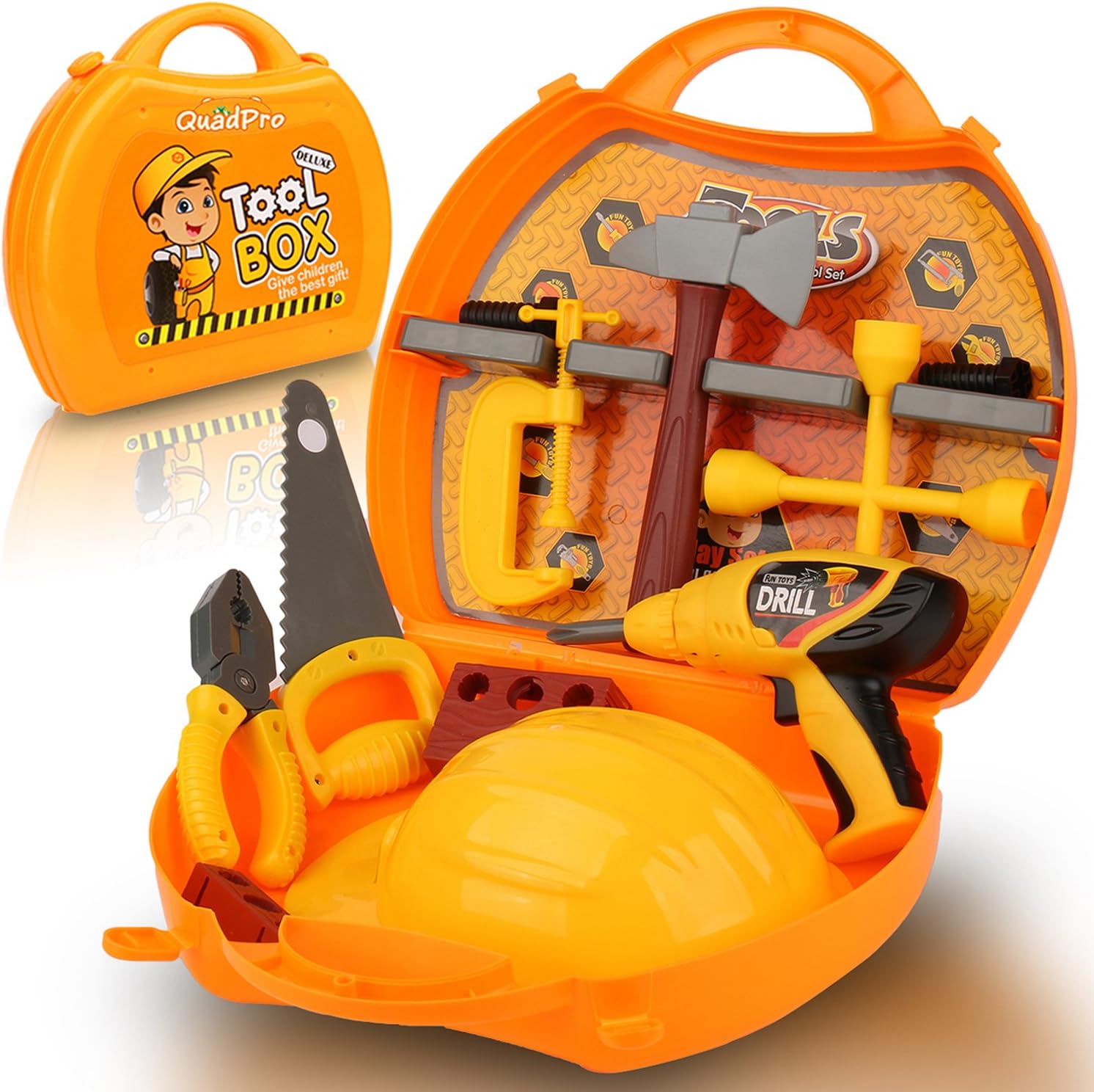 QuadPro Kids Toy Tool Set 21 Pieces Durable Tool Box with Electric Drill, Hammer, Hat and More,Toddler STEM Toys for Boys and Girls
