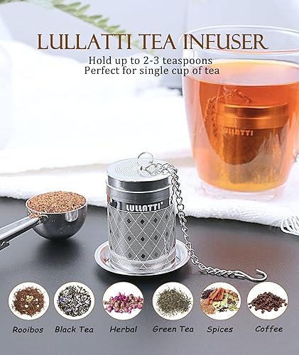 Miniatura 5 de Infusor de té (paquete de 1), malla extrafina de hojas sueltas con patrón de diamante y cadena larga extendida, colador de bola de té de acero