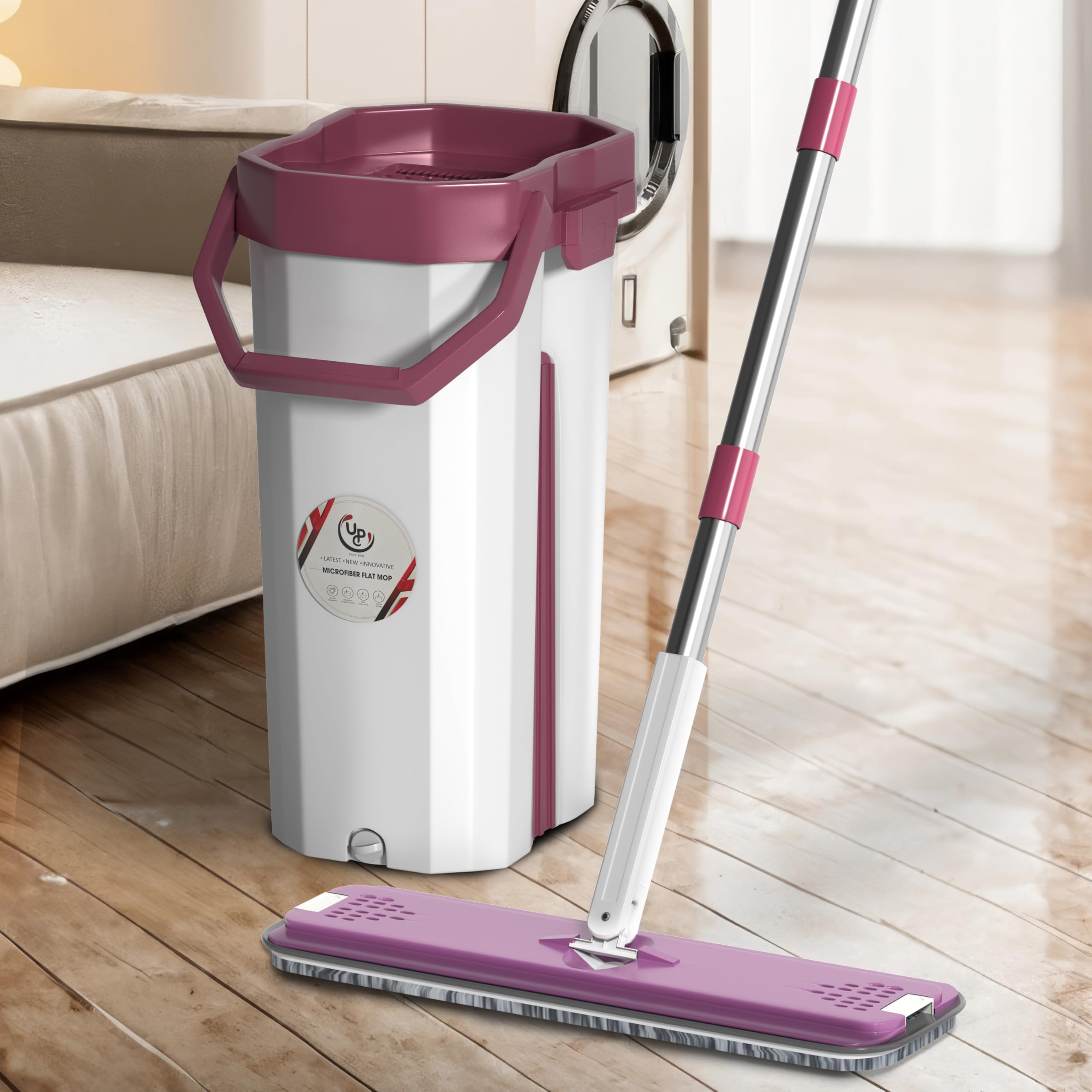 U.P.C. Moppers for Cleaning Floor/Mop Bucket with Hands-Free Squeeze/Floor Cleaning Mop for Home with 360° Flexible Head (38X12.5 cm) / Microfiber Flat Mop System, White