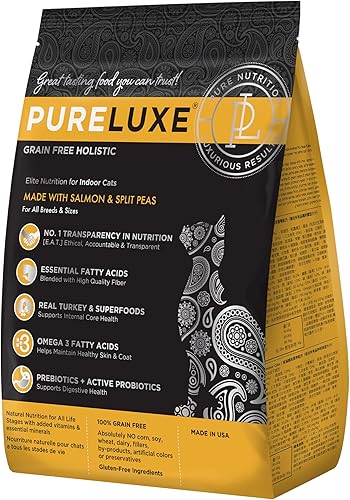 PURELUXE Alimento para gatos de interior sin granos y gluten, nutrición de élite, salmón y guisantes partidos, para todas las etapas de la vida y