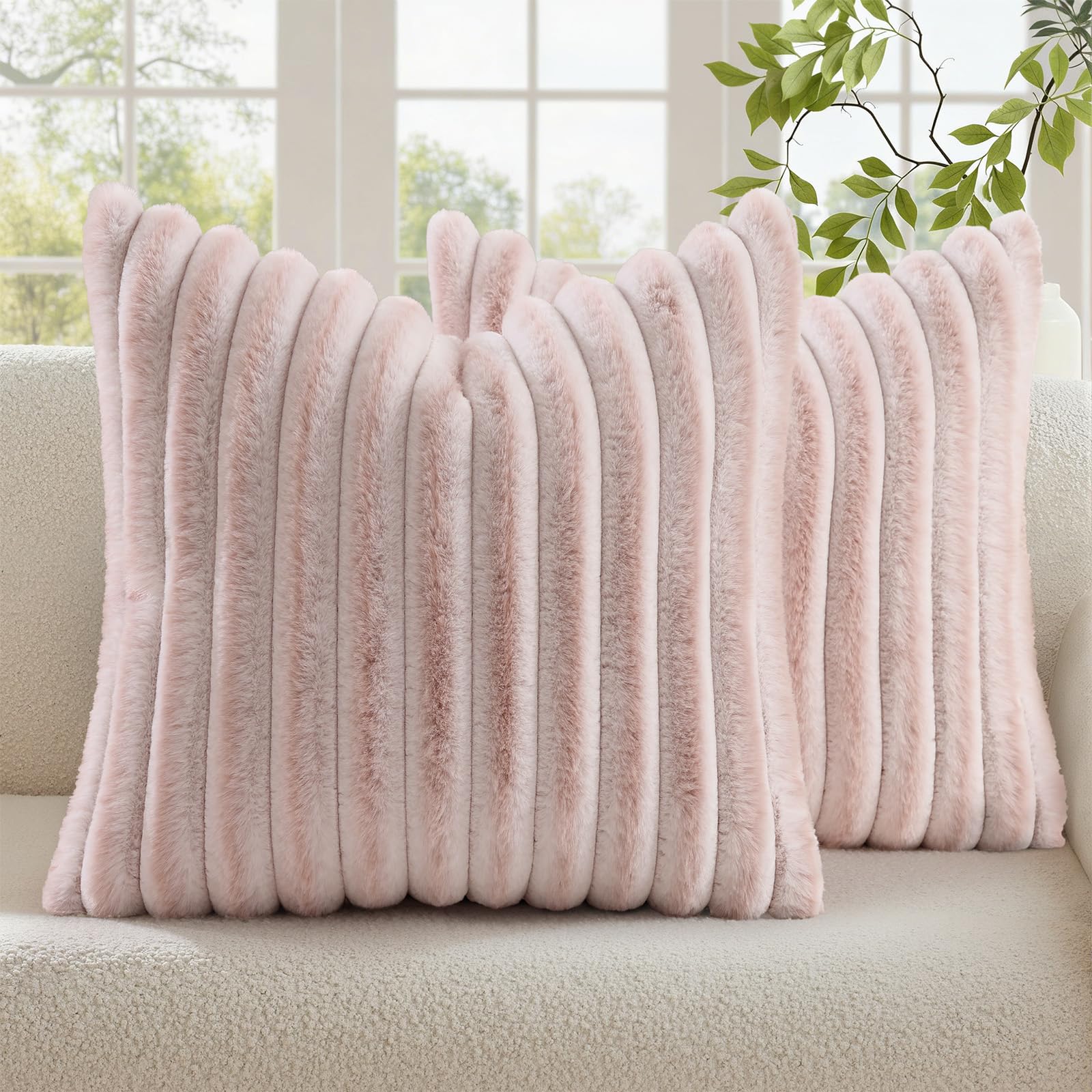 decorUhome Summer Cozy Faux Fur Throw Pillow Covers 20x20 Set of 2 Decorative Soft Plush Striped Modern Farmhouse Boho Couch Pillow Cases with Velvet Back for Sofa Bed Living Room, Pink White