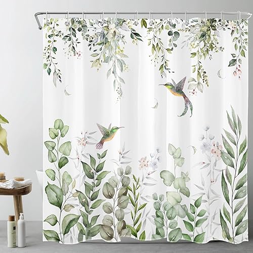 HVEST Cortina de ducha verde salvia para baño, hojas de eucalipto con flores y colibrí sobre blanco, cortina de ducha con ganchos, juego de cortinas