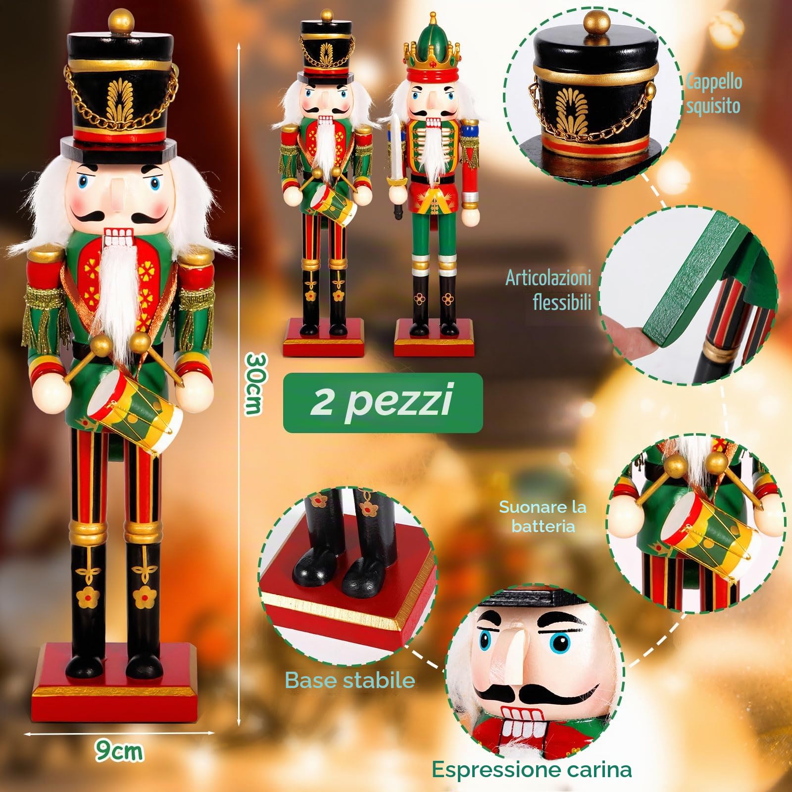 Schiaccianoci di Natale 2 Pezzi Schiaccianoci Natalizi Soldatino Tradizionale in Legno Fatto a Mano,30cm Soldatini di Legno Decorazioni,Soldatini Decorazioni Ideali per Albero di Natale