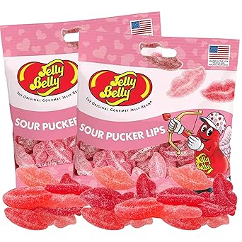 Sour Pucker Lips Valentines Day Gummies, Strawberry, Watermelon, and Cherry Flavored Pink and Red Chewy Lip Candy, 2.8 Ounces, Pack of 2 Pucker Lips