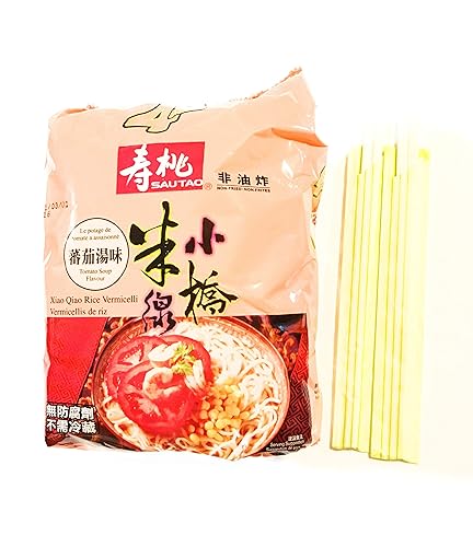Sautao Sopa de tomate Xiao sabor Xiao Qiao Vermicelli de arroz (7.6 onzas x 4) y 2 pares de palillos