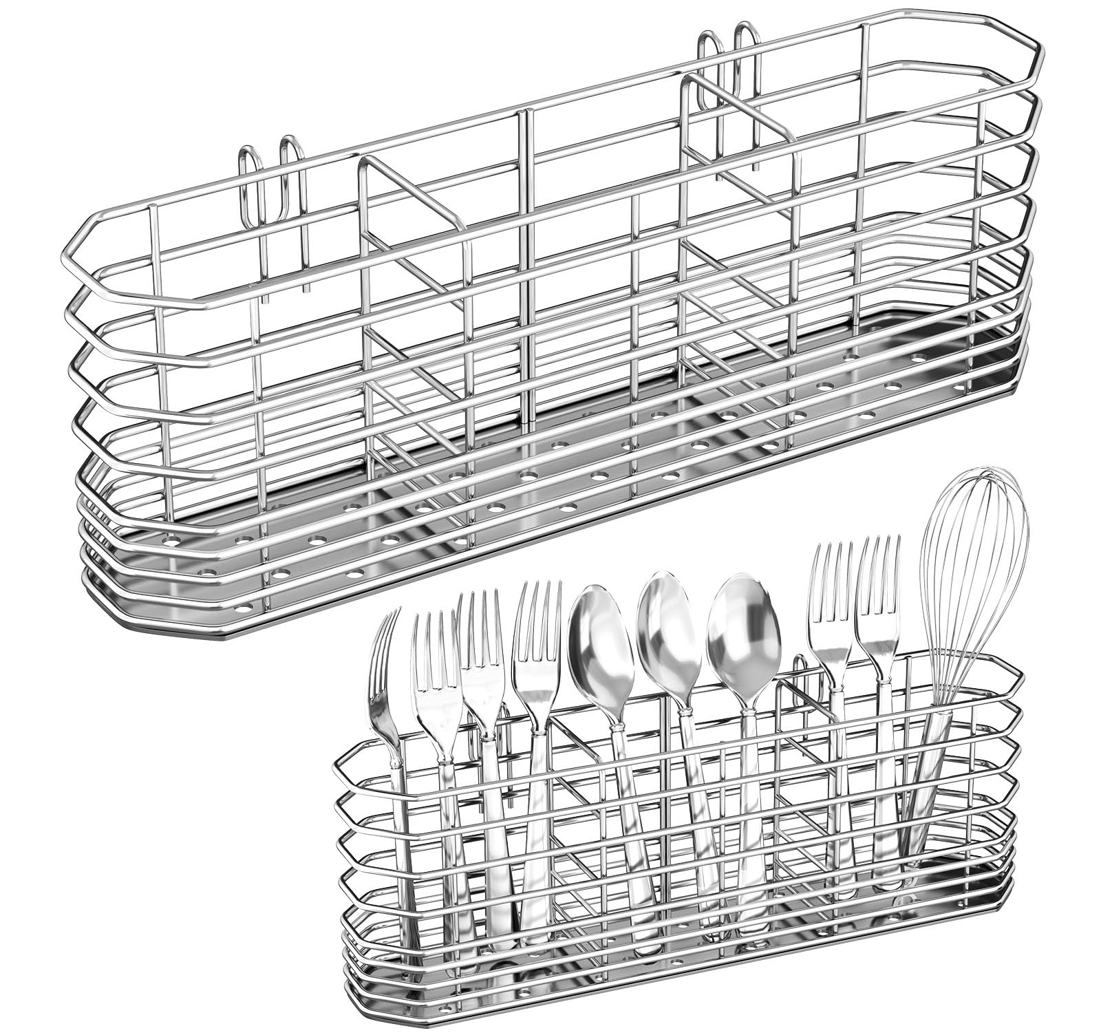 Soporte para utensilios de acero inoxidable 304, estante de secado de cubiertos con ganchos para escurridor de platos, cuchillo y tenedor con 3 compartimentos divididos, accesorios de cesta de drenaje