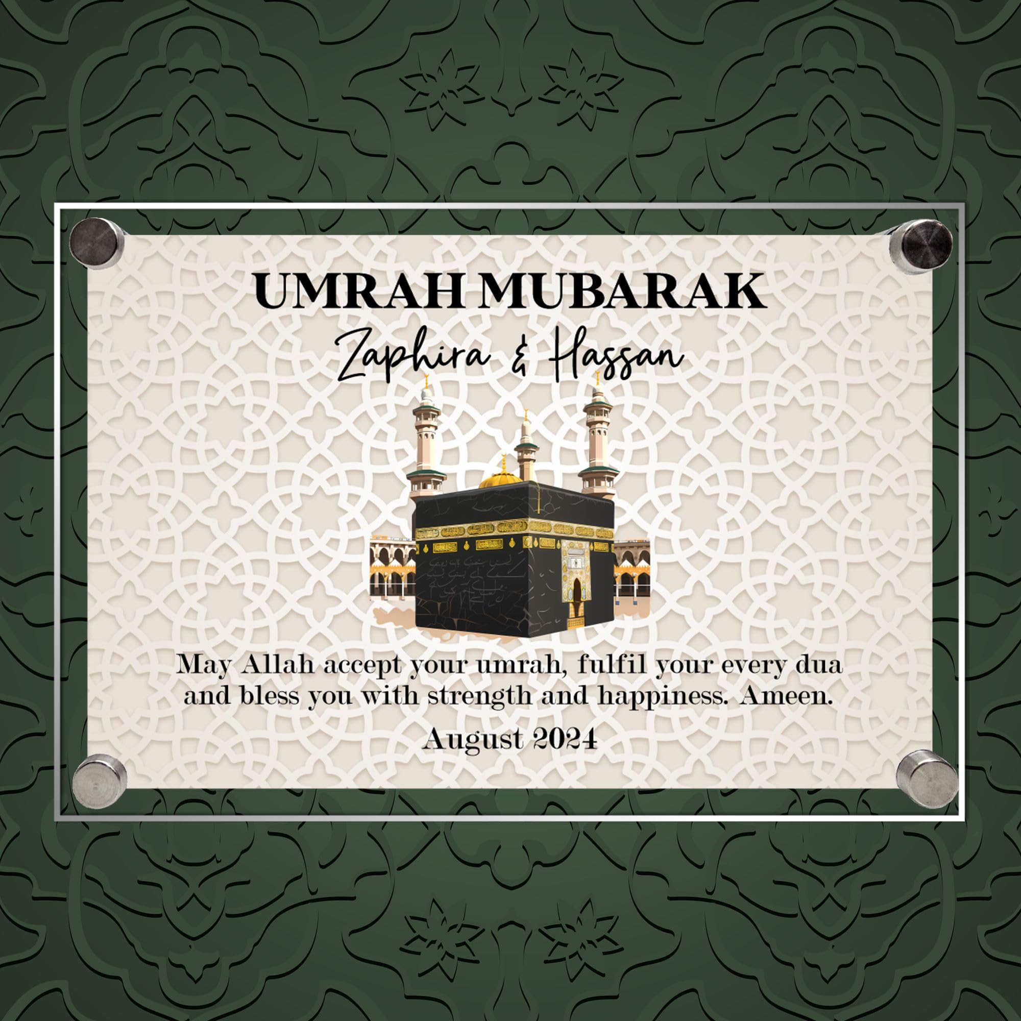 Personalised Umrah Mubarak Plaque for Family with Custom Names - May Allah Accept Your Umrah Design with Kaaba for Spiritual Keepsakes & Religious Gifts (Beige, Acrylic - A5)
