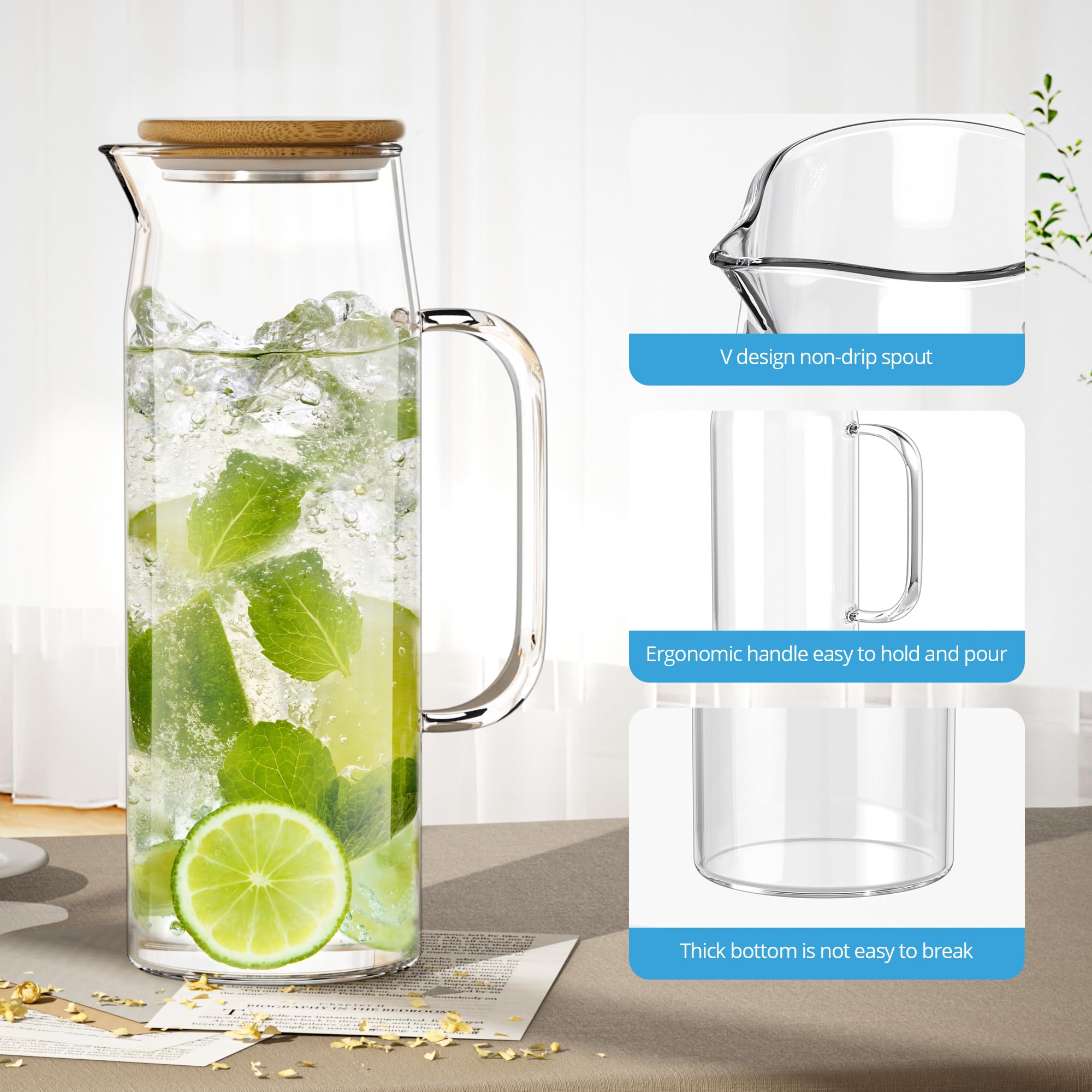 3 juegos de jarra de vidrio con tapa, jarra de agua de 50 onzas / 1500 ml con asas para bebidas frías y calientes (tapa de bambú)