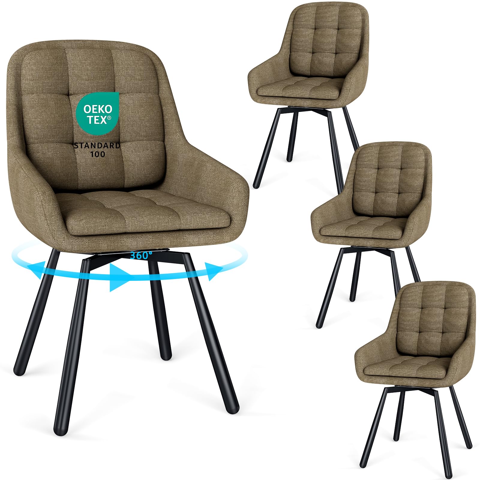JIJIAN Set di 4 Sedie da Pranzo Girevoli 360° con Braccioli, Sedia Imbottita con Gambe Metalliche, Adatta per Soggiorno, Cucina, Camera da Letto e Sala D'attesa, Marrone