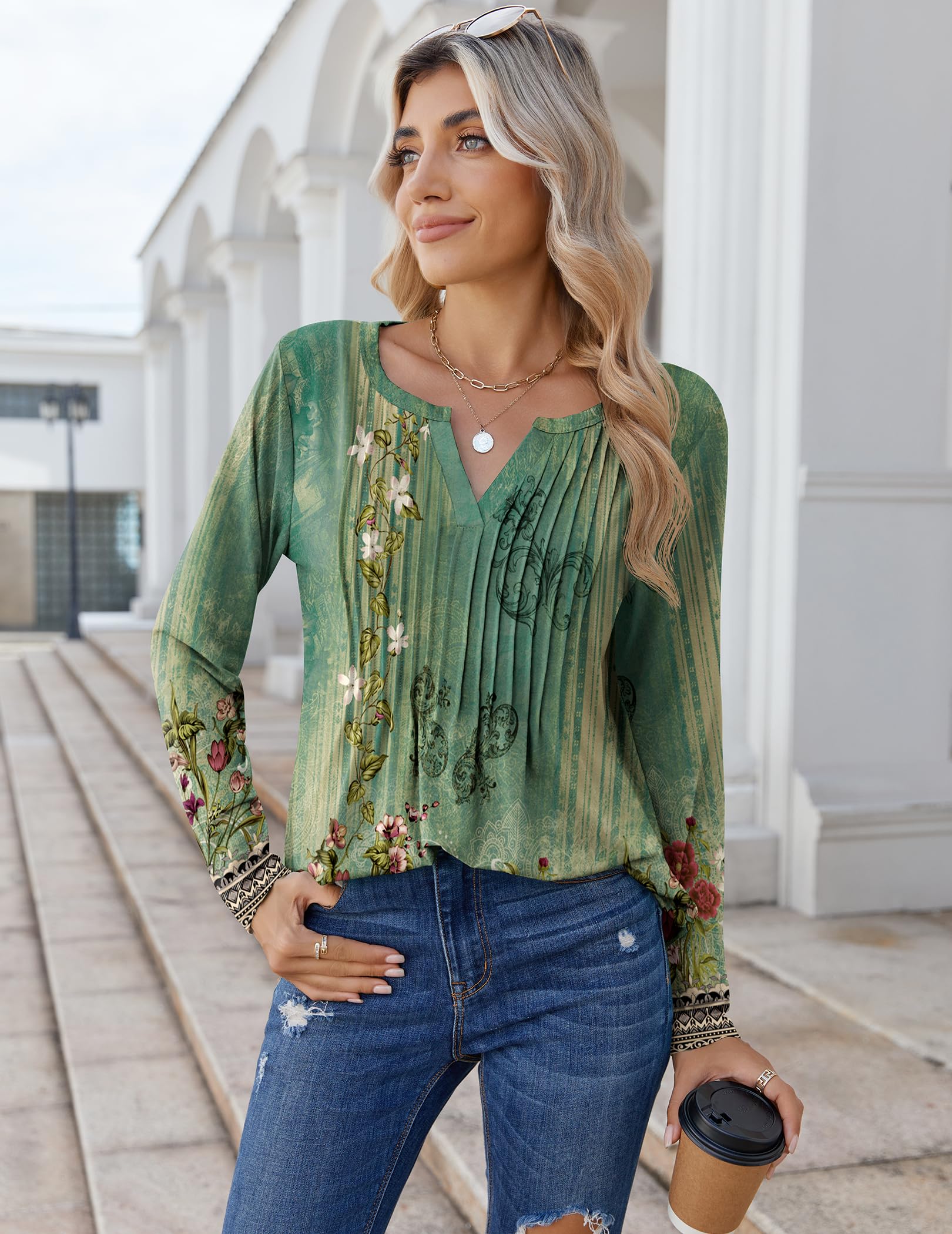 Zeagoo Womens Long Sleeve Tops 2025 V Neck Pleated Shirts Dressy Casual Tunic Blouses Loose Fit Fall Fashion Clothes