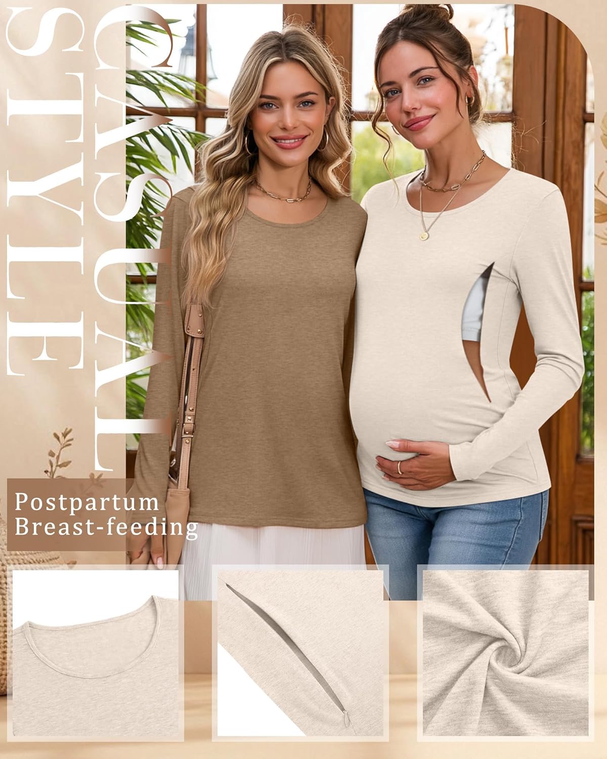 4 Pack Women's Cotton Nursing Tops Breastfeeding Maternity Hidden Zippers Crew Neck Long Sleeve Pregnancy Shirts - Image 3