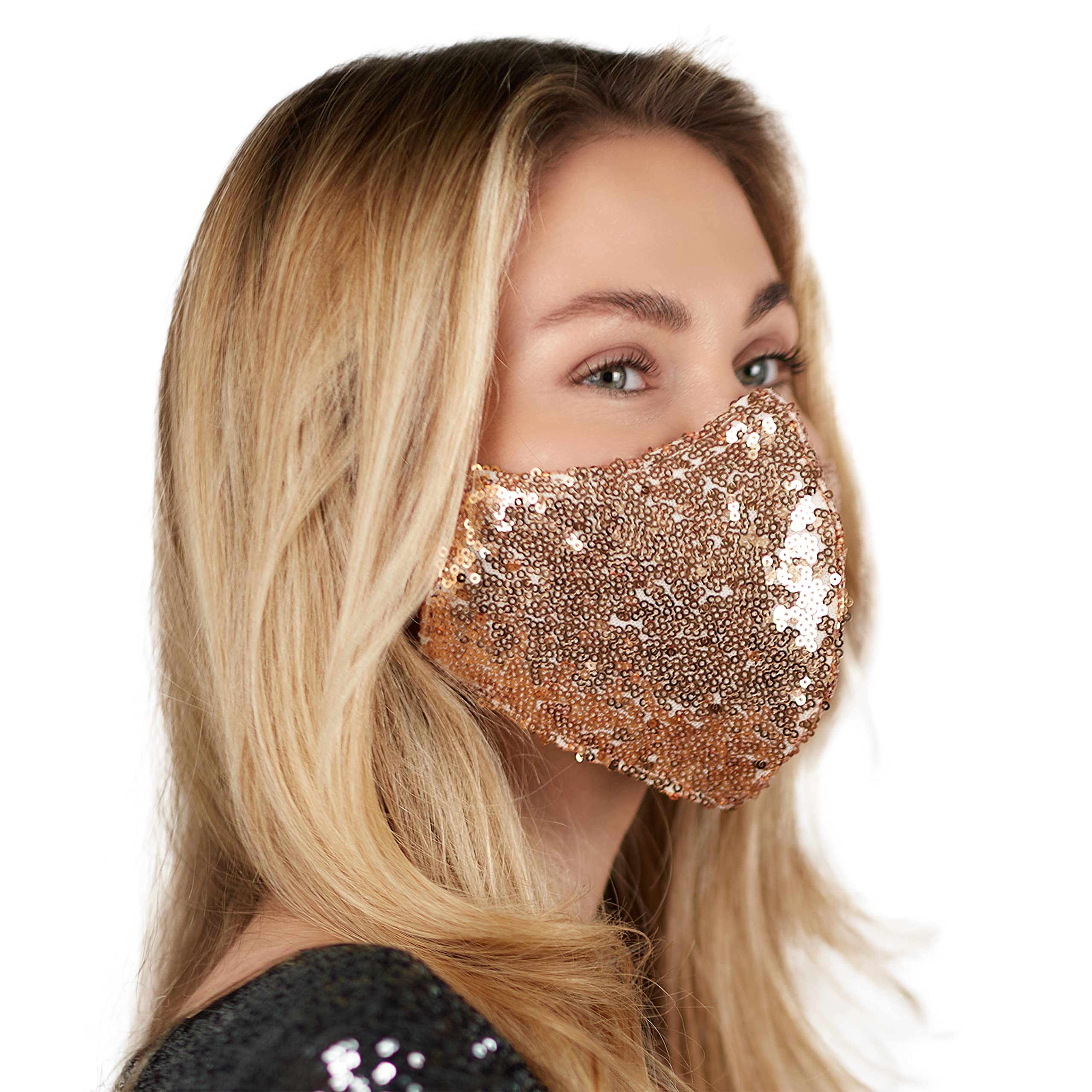 Photo 1 of 2 QTY Washable Face Mask with Adjustable Ear Loops & Nose Wire - 3 Layers, Made in USA Sequin – Gold
