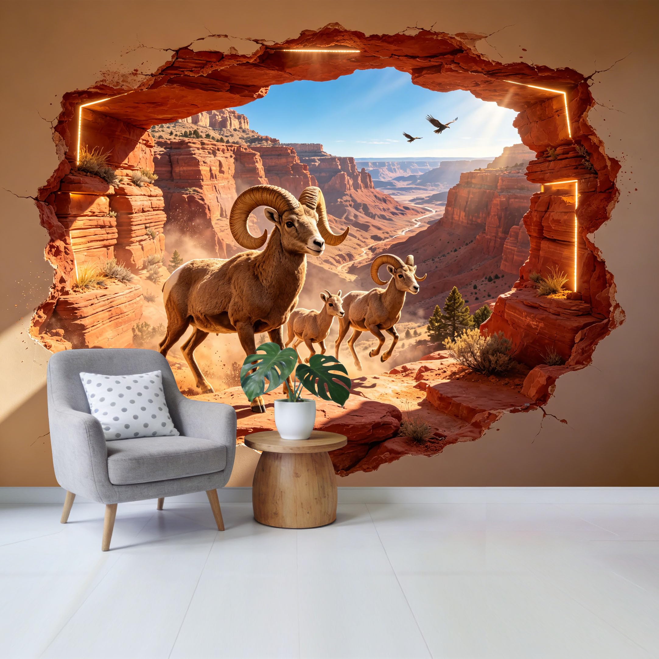 Custom Size Wall Mural Desert Canyon Mountain Sheep 3D Trompe l’oeil Landscape Removable Self Adhesive Fabric Home Wall Decor for Living Room Bedroom Bathroom