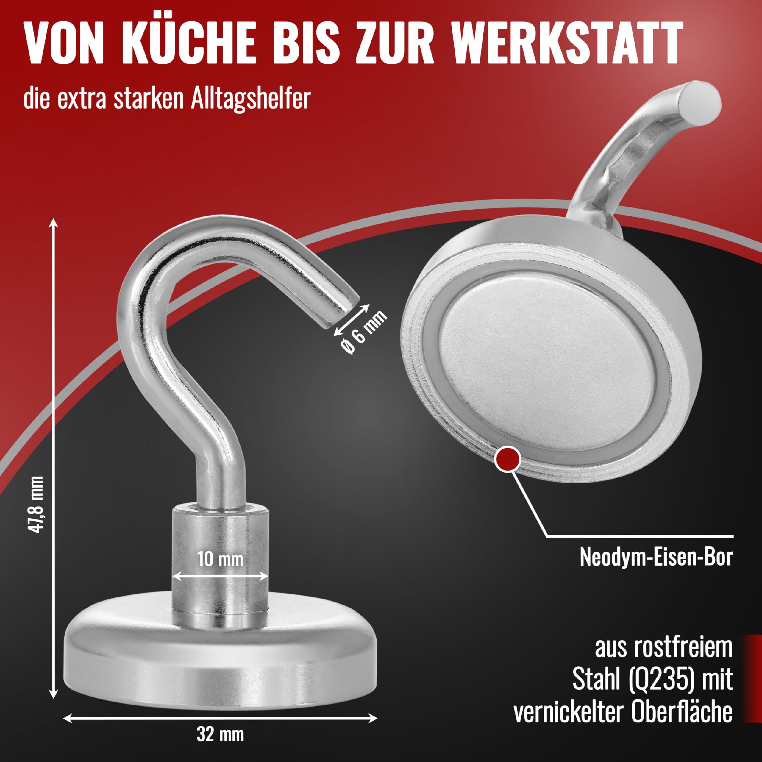 POPPSTAR 10 Stück Magnethaken extra stark (Haftkraft 36 kg, Durchmesser 32mm) Neodym Haken-Magnete
