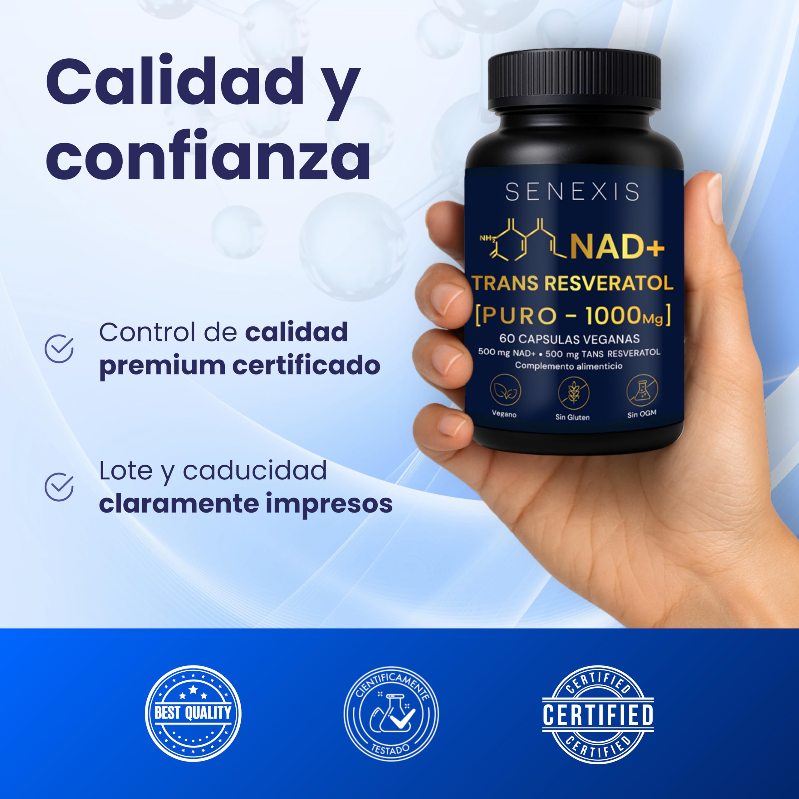 Nad Resveratrol Puro 1000mg, 60 Cápsulas veganas, 500mg NAD + 500mg Trans-Resveratrol, Energía Celular, Antioxidante, Sin Gluten, Sin OGM, sin GMO - Apoyo Mitocondrial, Cognición, Antiedad