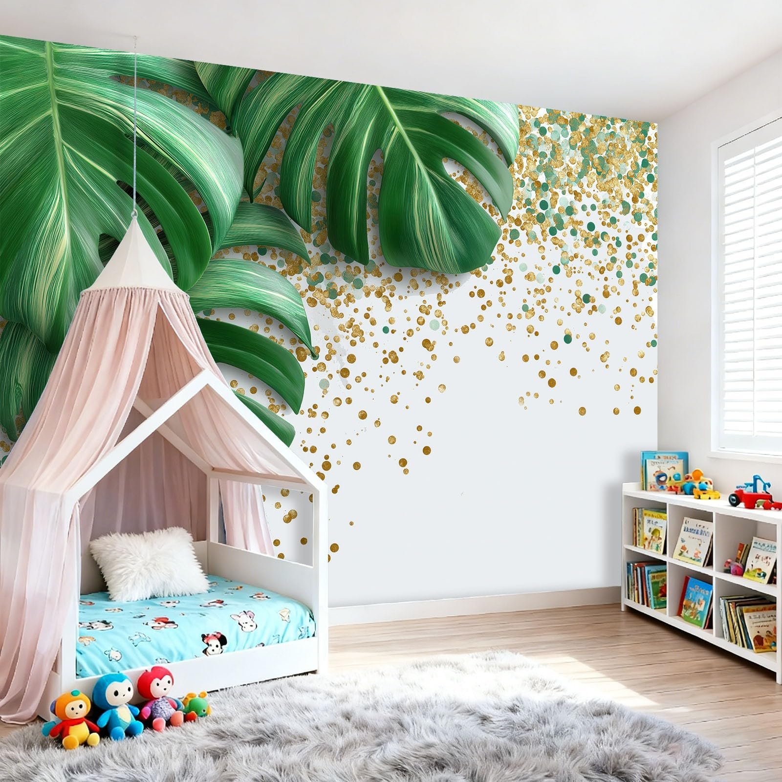 Tapeta z włókniny 400 x 280 cm, Monstera Plakat na ścianę do kuchni, sypialni, salonu, pokoju dziecięcego, dekoracja ścienna złota zieleni