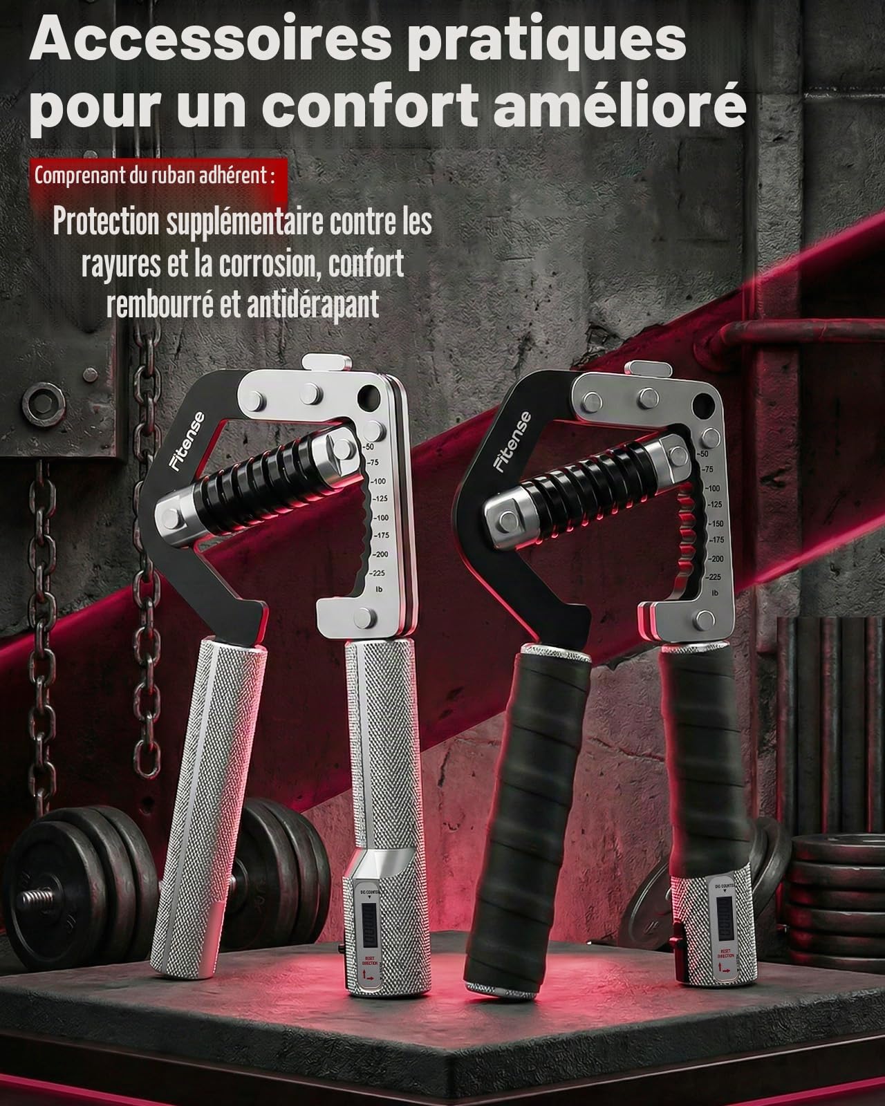 Fitense Appareil de Musculation Mains et Doigts, Renforceur de Force de Préhension Réglable (50-225lb/22-102kg), Entraîneur Avant-Bras et Poignets, Poignées Réglables pour Développer Force et Muscles