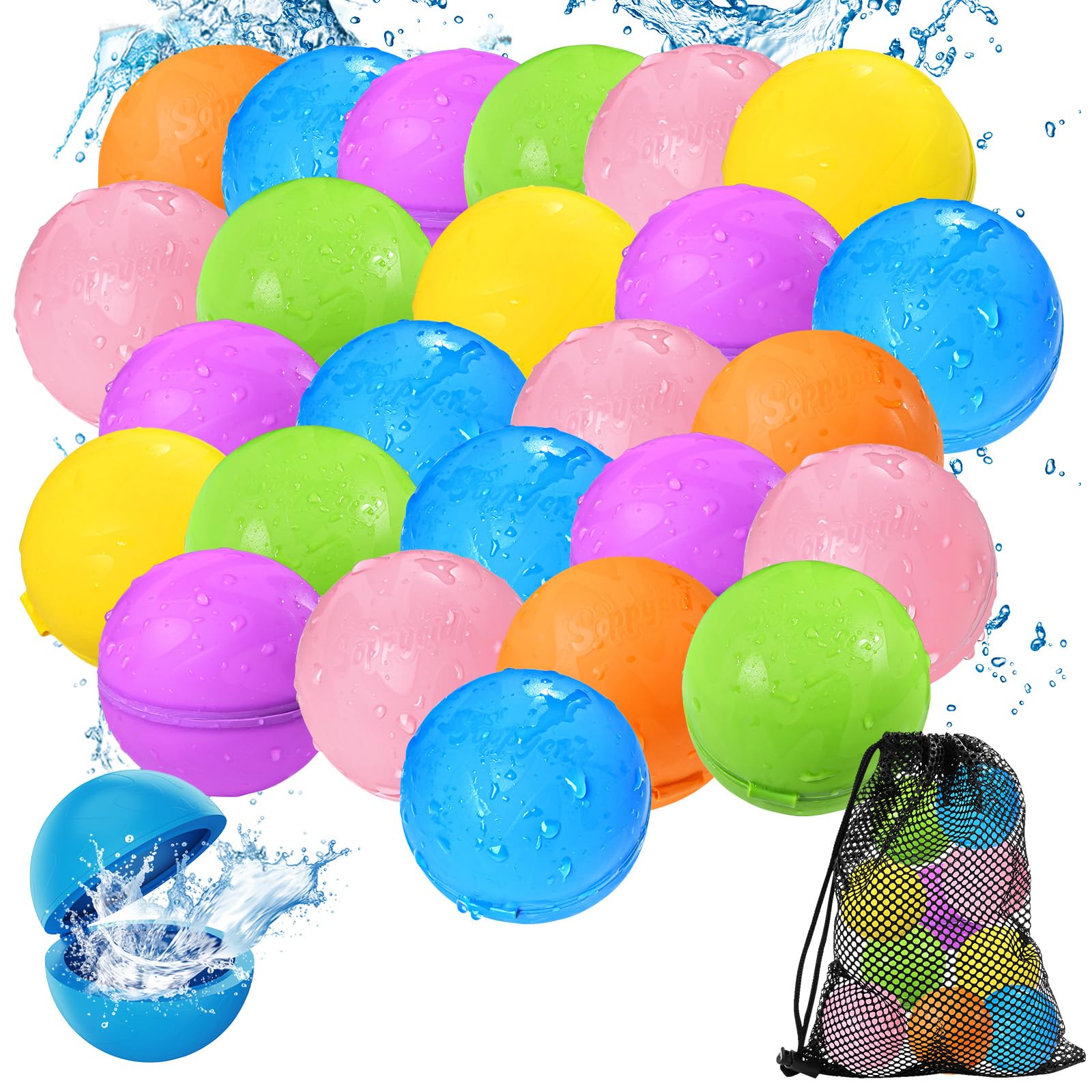 Reusable Water Balloons, Silicone Water Splash Ball with Mesh Bag, Quick Self-Sealing Water Bomb for Kids Adults Outdoor Activities Water Games Toy Outside Summer Fun Party Supplies (24Pack)