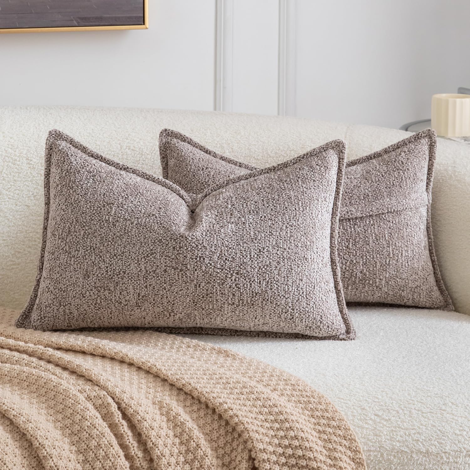 Madizz Pack of 2 Decorative Cushion Covers Boho Soft Textured Chenille Throw Pillows Solid Pillow Covers for Couch Sofa Bedroom Living Room 30x50 CM, Taupe โ image 1