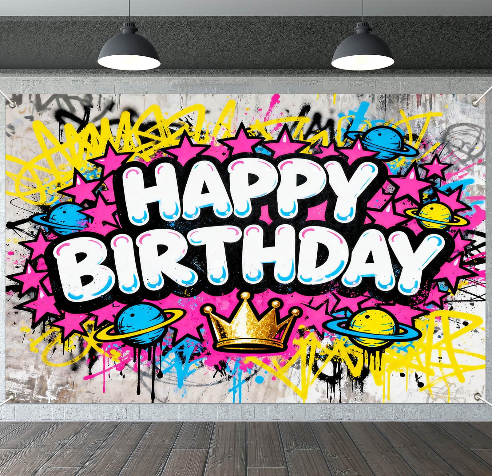 IVN Birthday Decoration Banner Urban Graffiti Crown Theme Backdrop 71x43 Inch with Pink Bubble Letters Planets Stars Paint Drips and Spray Wall Art for Party Setup