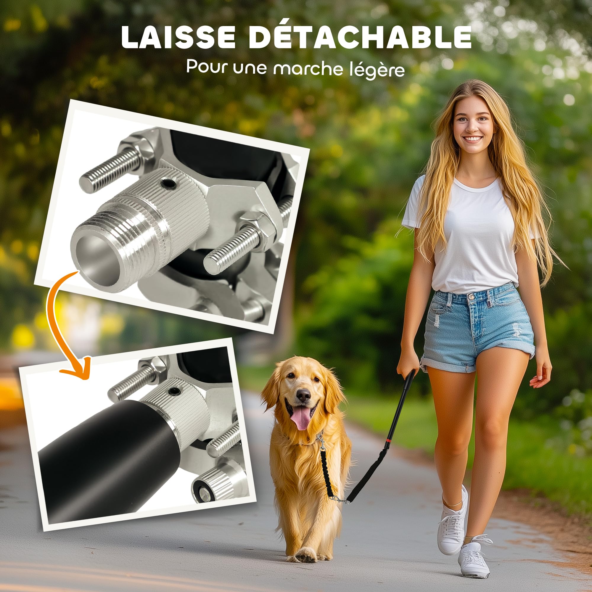 PawHut Laisse pour Chien pour vélo 124 cm, Facile à Installer et Amovible, vélo pour Chien Mains Libres, Laisse d'exercice pour l'entraînement, Le Jogging, Le Cyclisme, Acier et Polyester, Noir
