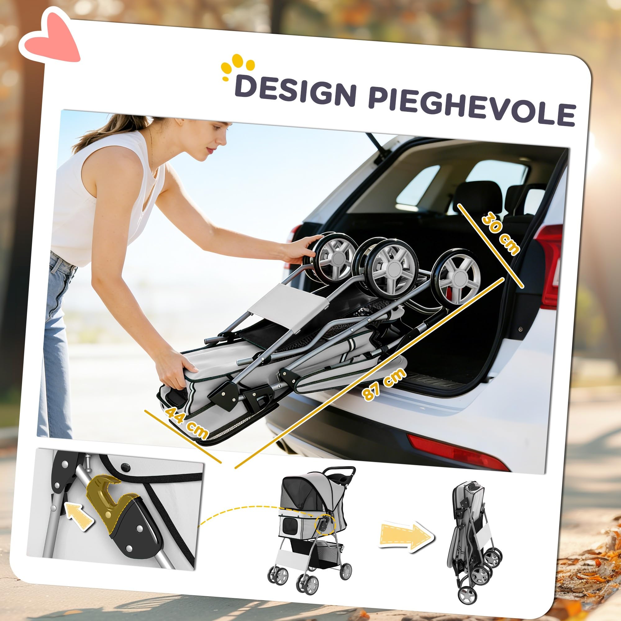 PawHut Passeggino per Cani Pieghevole Carrello per Animali Domestici Carrello Carrozzina Grigio 75 x 45 x 97cm