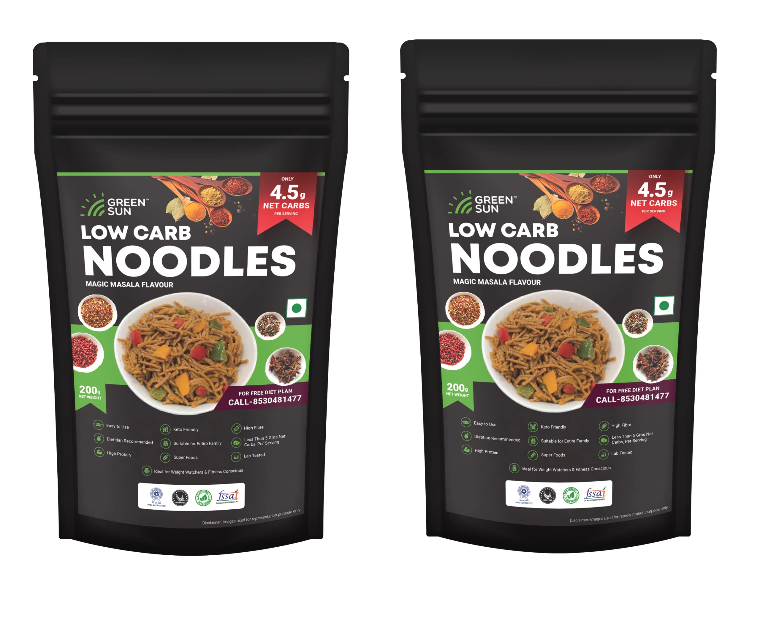 Green Sun Low Carb Instant Cooking Noodles Magic Masala Flavor | 200g |Pack of 2 | Tasty & Easy to Make | Keto Friendly | High Fiber | High Protein | Super Foods | Dietitian Recommended
