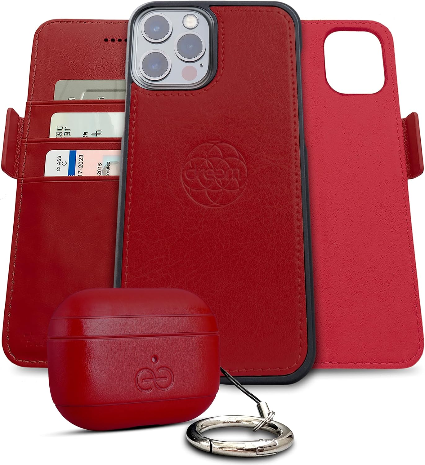 Dreem Bundle: Fibonacci Wallet-Case for iPhone 13 Pro Max with Om for Apple AirPods Pro 2 Case [RED]
