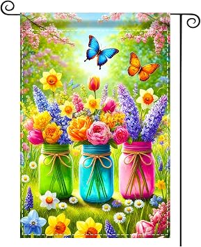 Nuxovilar Garden Flag Polyester 12x18 Inches Garden Flags For Outside With Bright Spring Flowers & Colorful Butterflies, Suited for Backyard, Garden, Terrace