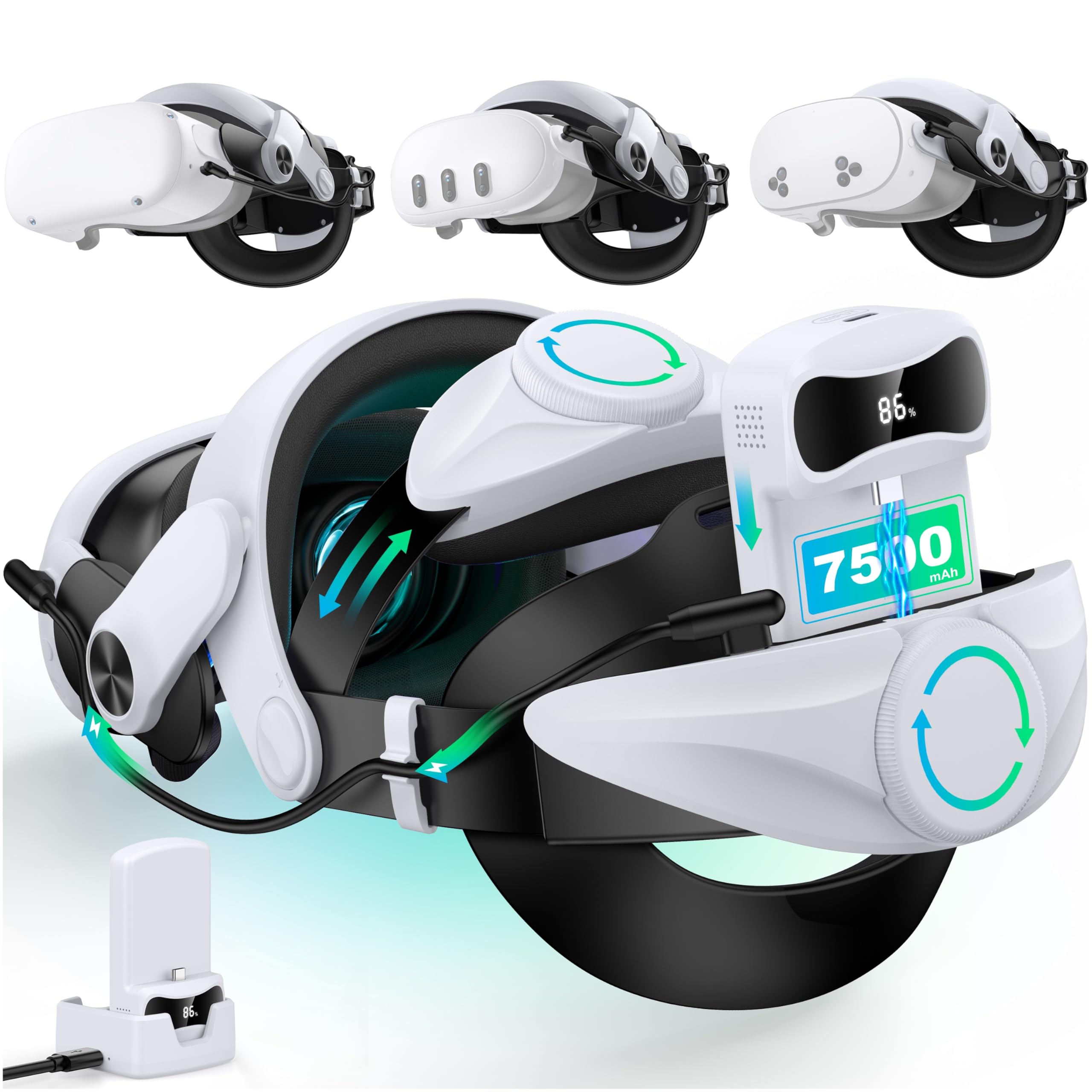 Elegamefy MQ Head Strap mit Akkupack 15000mAh und Ladestation, Verlängerte Zeit 8 Studen & Wechselbarer mit Digitalen Display Akku Headstrap für Meta Quest 3/3/2